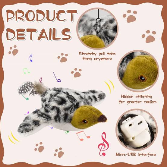 Jouets pour chats-Jouet Oiseau Interactif Réel pour Chat Battements Gazouillements USB Rechargeable -Living123 - Image 3