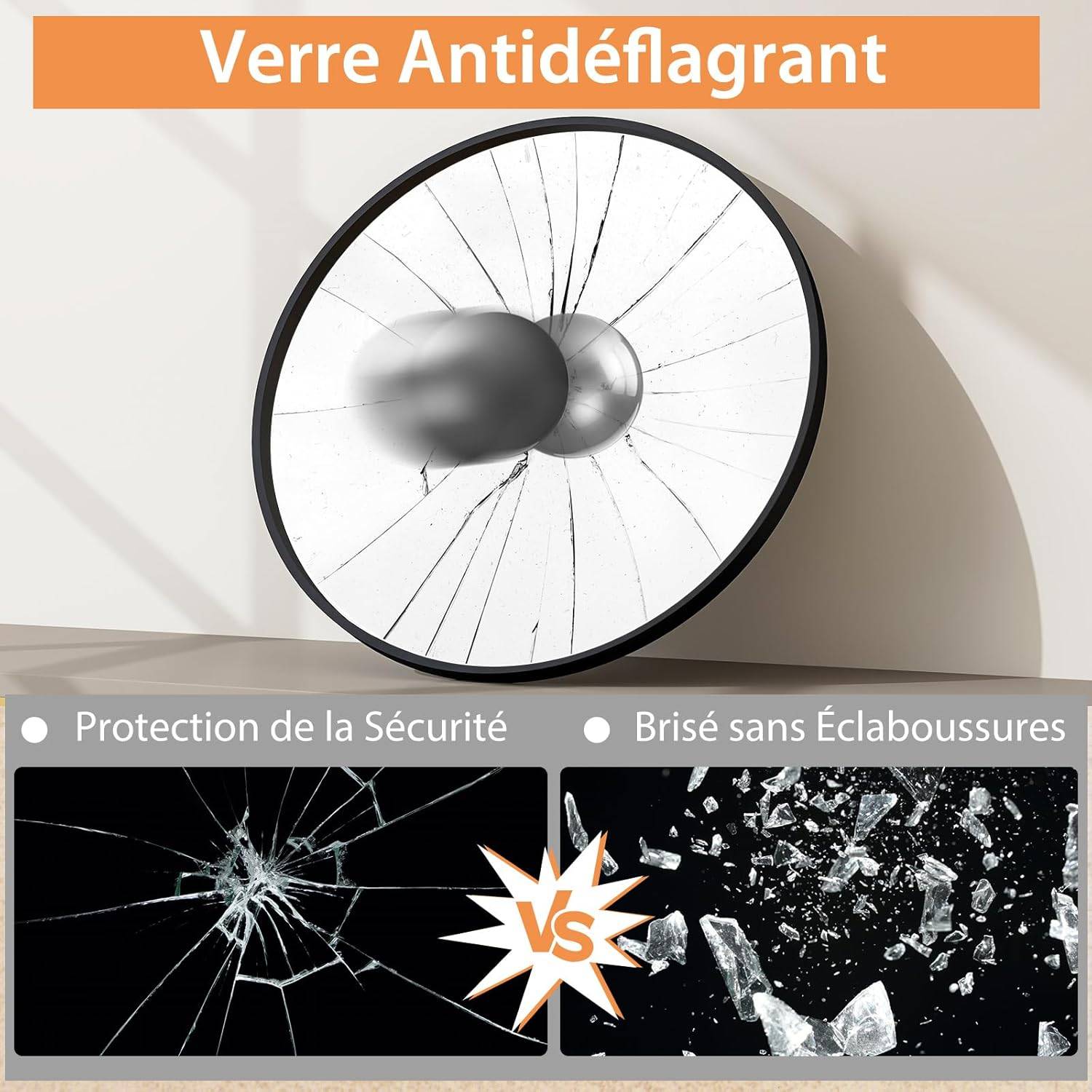 Costway - Miroir de Salle de Bain Antidéflagrant, Miroir Mural Rond Ø 61 CM, Miroir de Courtoisie avec Cadre Métallique, Miroir Décoratif, Noir - Image 5