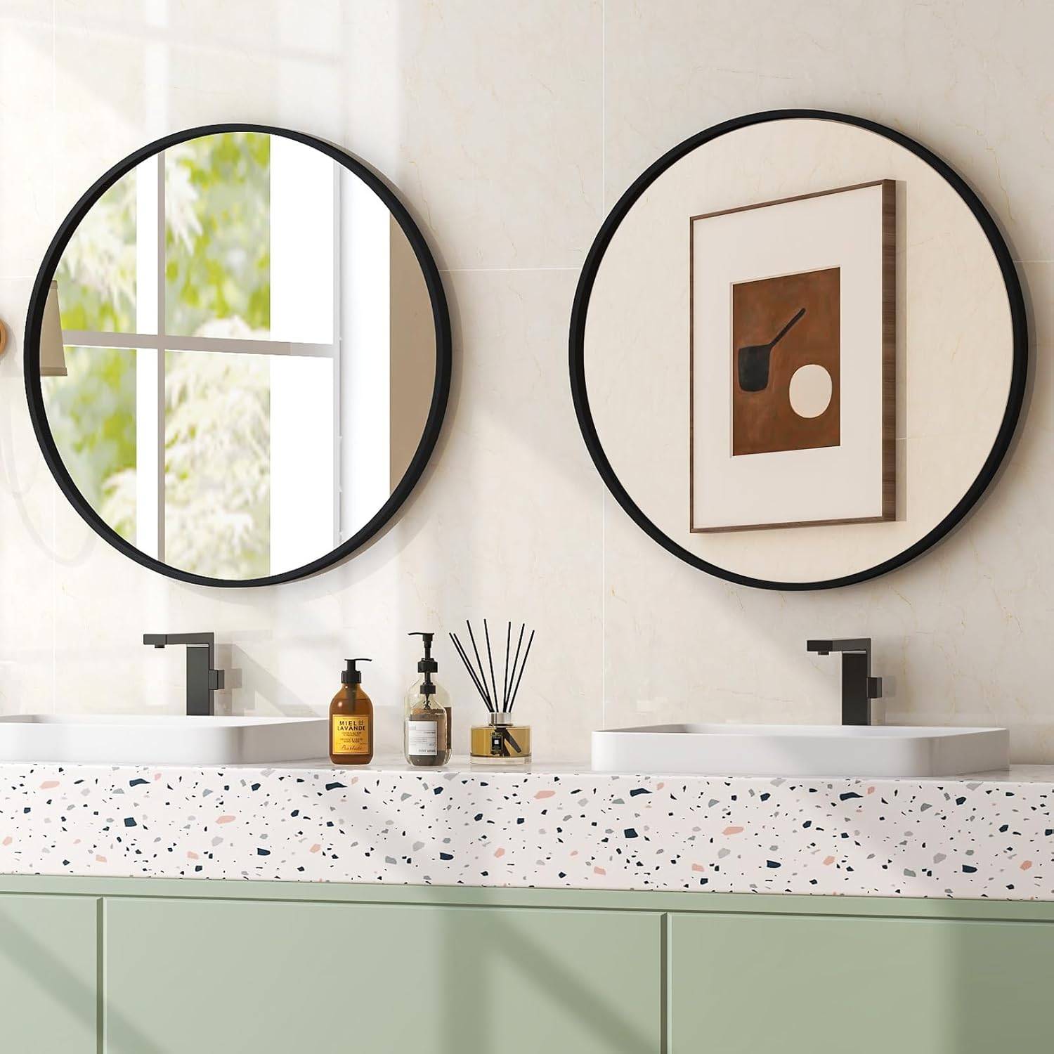 Costway - Miroir de Salle de Bain Antidéflagrant, Miroir Mural Rond Ø 61 CM, Miroir de Courtoisie avec Cadre Métallique, Miroir Décoratif, Noir - Image 4