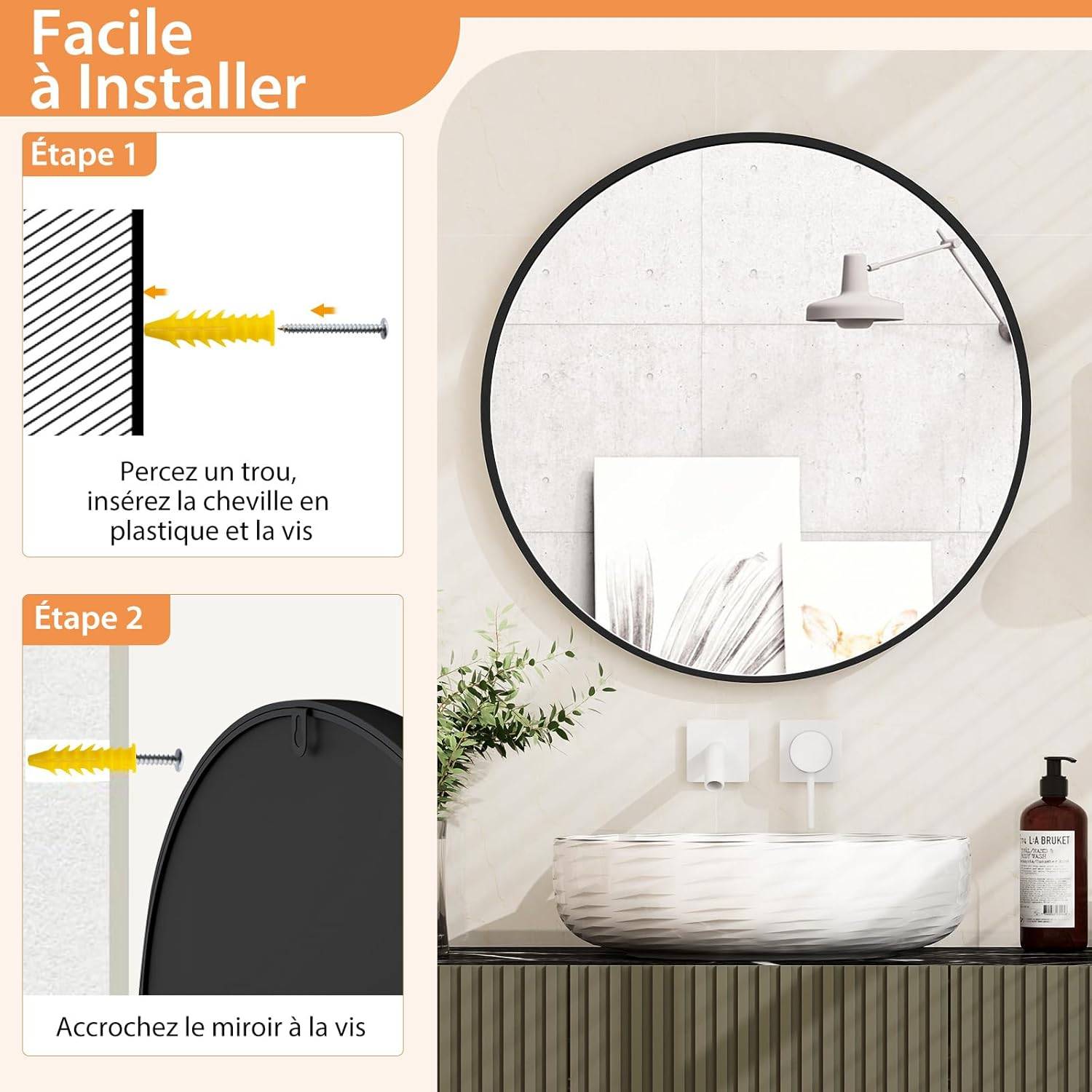 Costway - Miroir de Salle de Bain Antidéflagrant, Miroir Mural Rond Ø 61 CM, Miroir de Courtoisie avec Cadre Métallique, Miroir Décoratif, Noir - Image 6