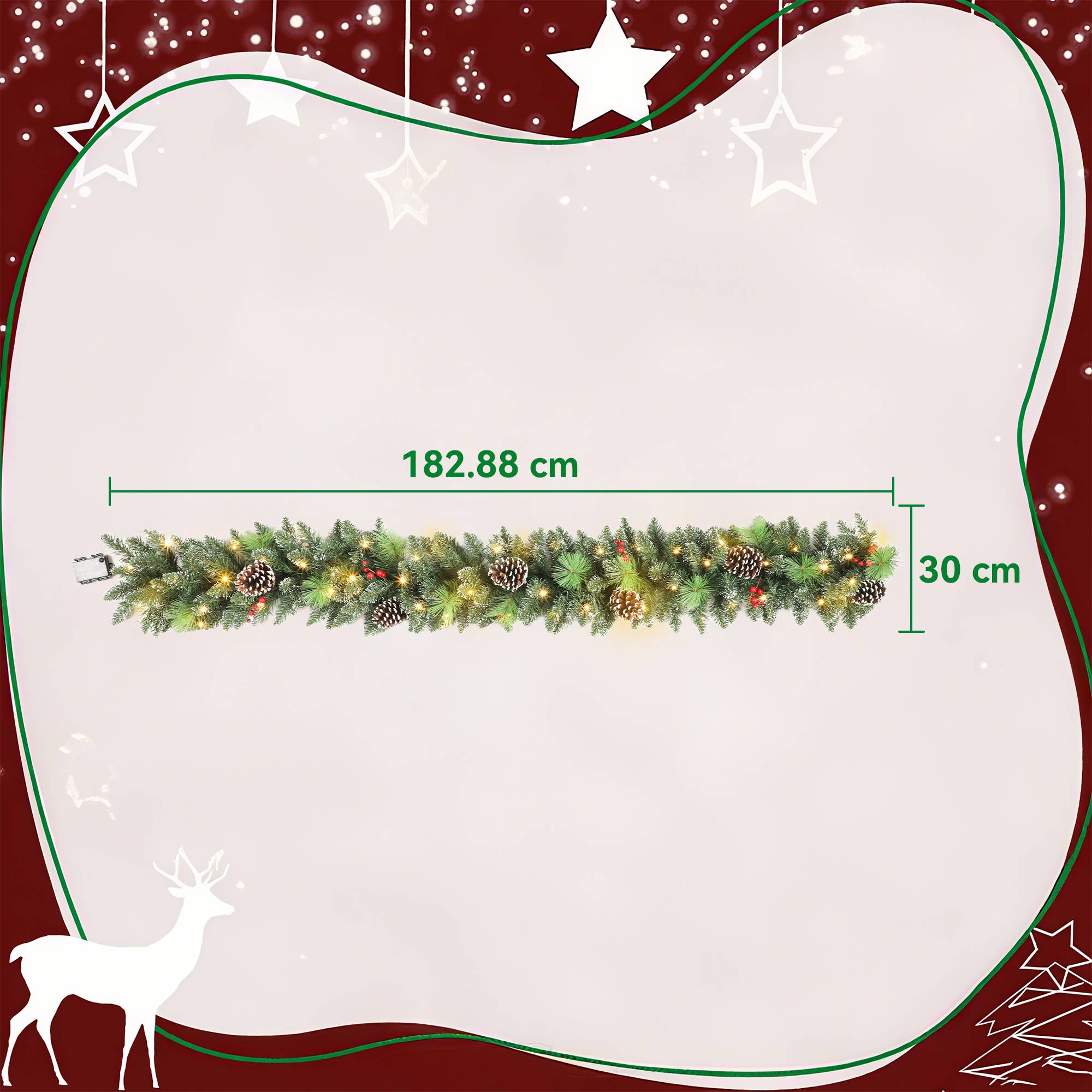 Guirlande de Noël de 180 cm avec branches enneigées, 30 lumières blanches, pommes de pin et baies pour l'intérieur - Image 5