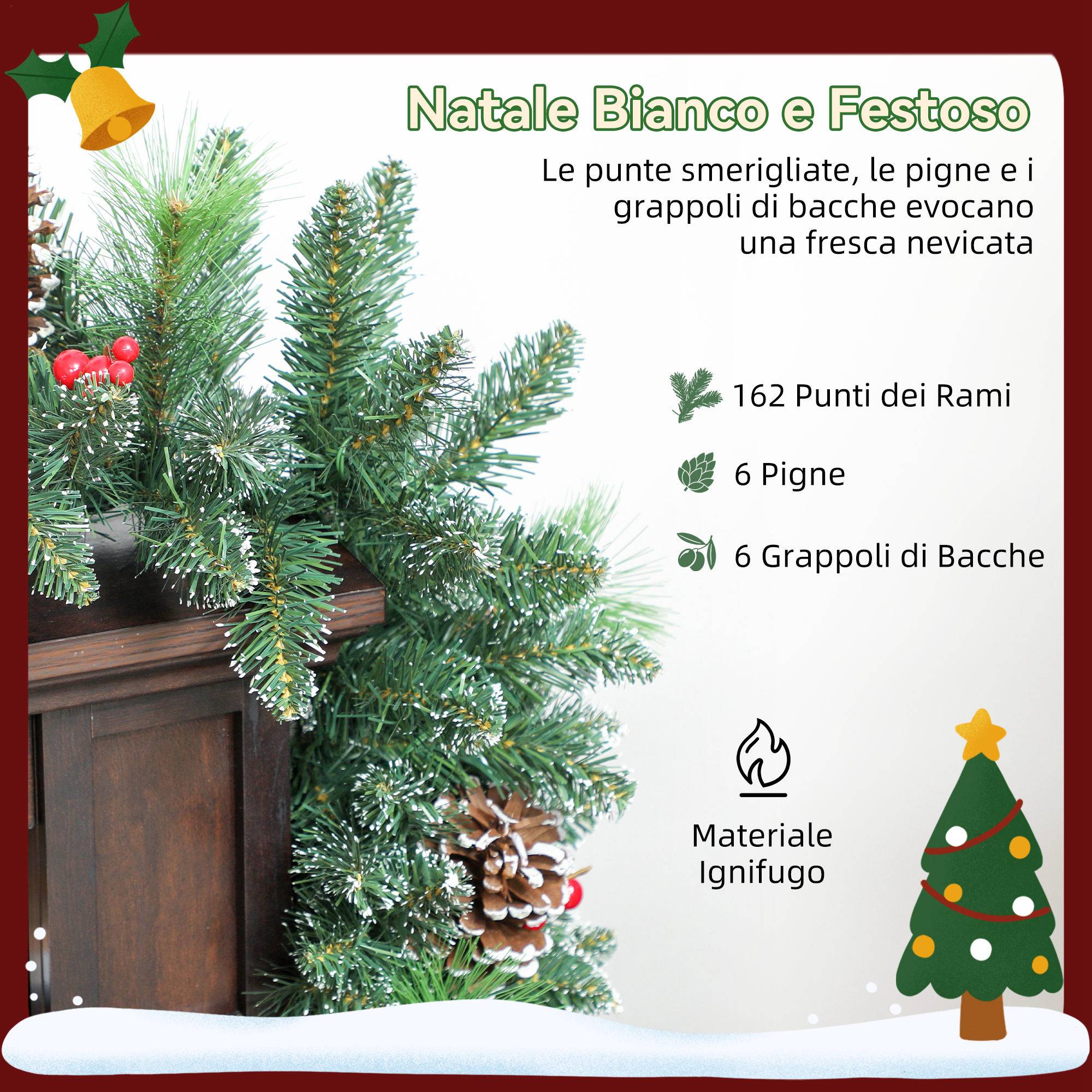 Guirlande de Noël de 180 cm avec branches enneigées, 30 lumières blanches, pommes de pin et baies pour l'intérieur - Image 8