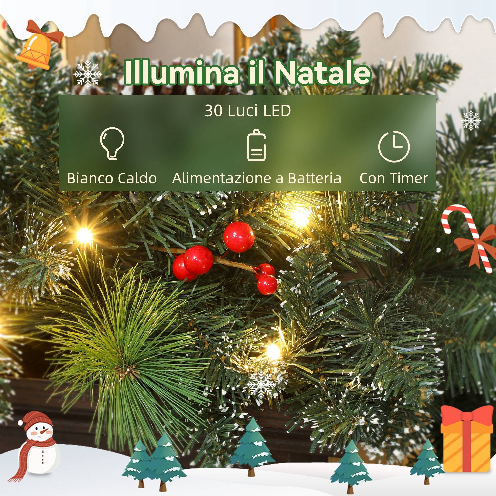 Guirlande de Noël de 180 cm avec branches enneigées, 30 lumières blanches, pommes de pin et baies pour l'intérieur - Image 7