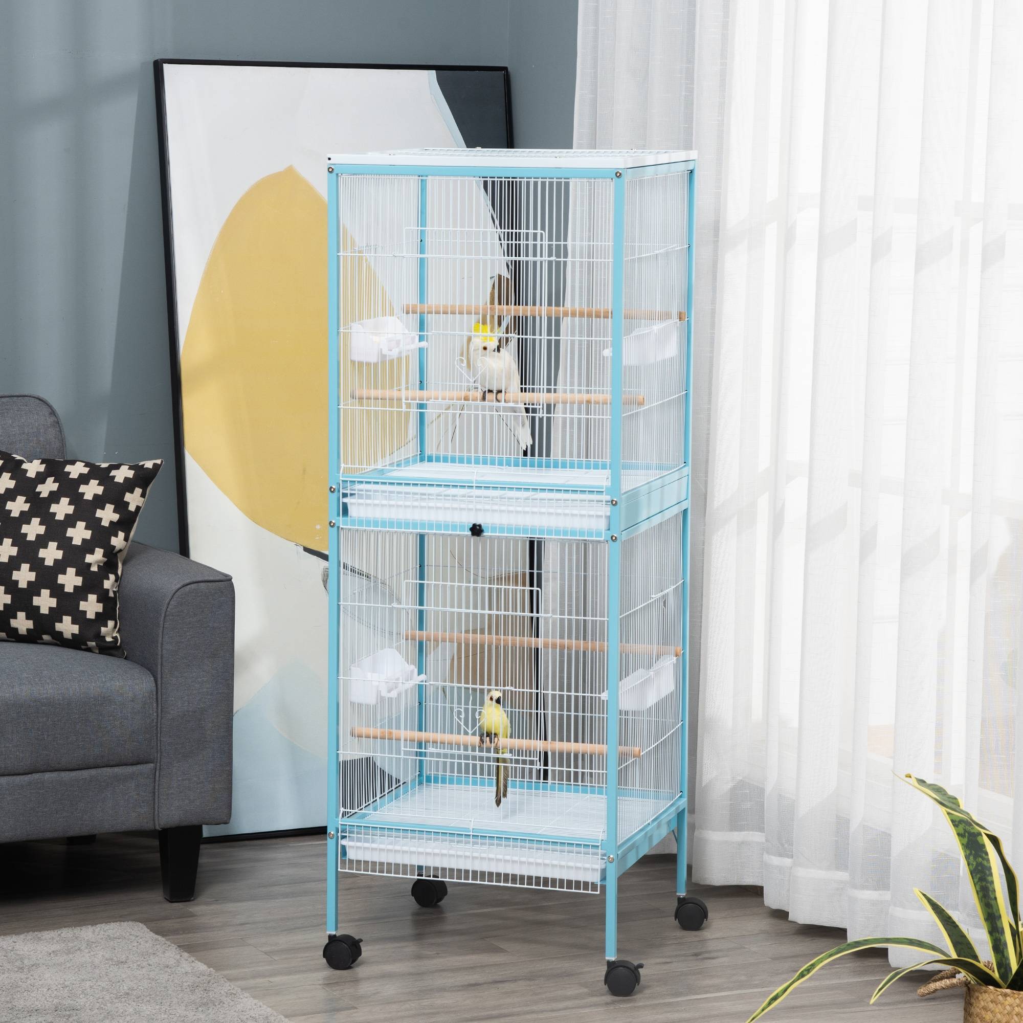 Grande cage oiseaux double en acier sur roulettes plateaux amovibles 51x50x140cm bleu - ComfortXL Outdoor Living - Image 3