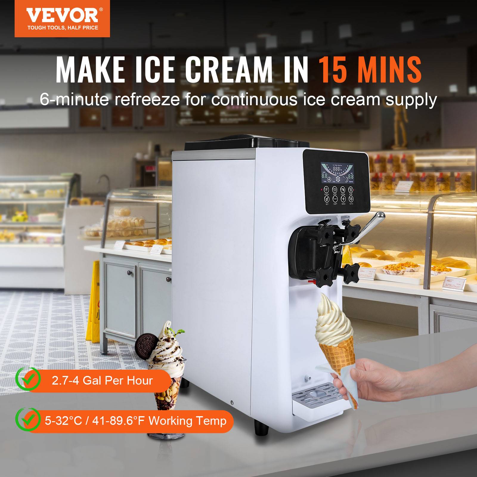 VEVOR Machine à crème glacée 10 L/h 900W, 1 saveur, trémie 4L, pré-refroidissement, auto-nettoyage. - Image 2