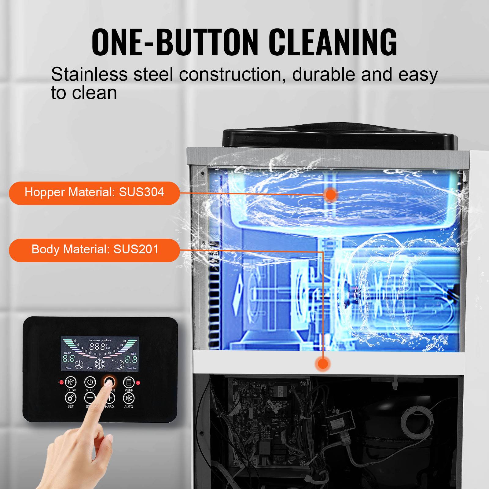 VEVOR Machine à crème glacée 10 L/h 900W, 1 saveur, trémie 4L, pré-refroidissement, auto-nettoyage. - Image 4