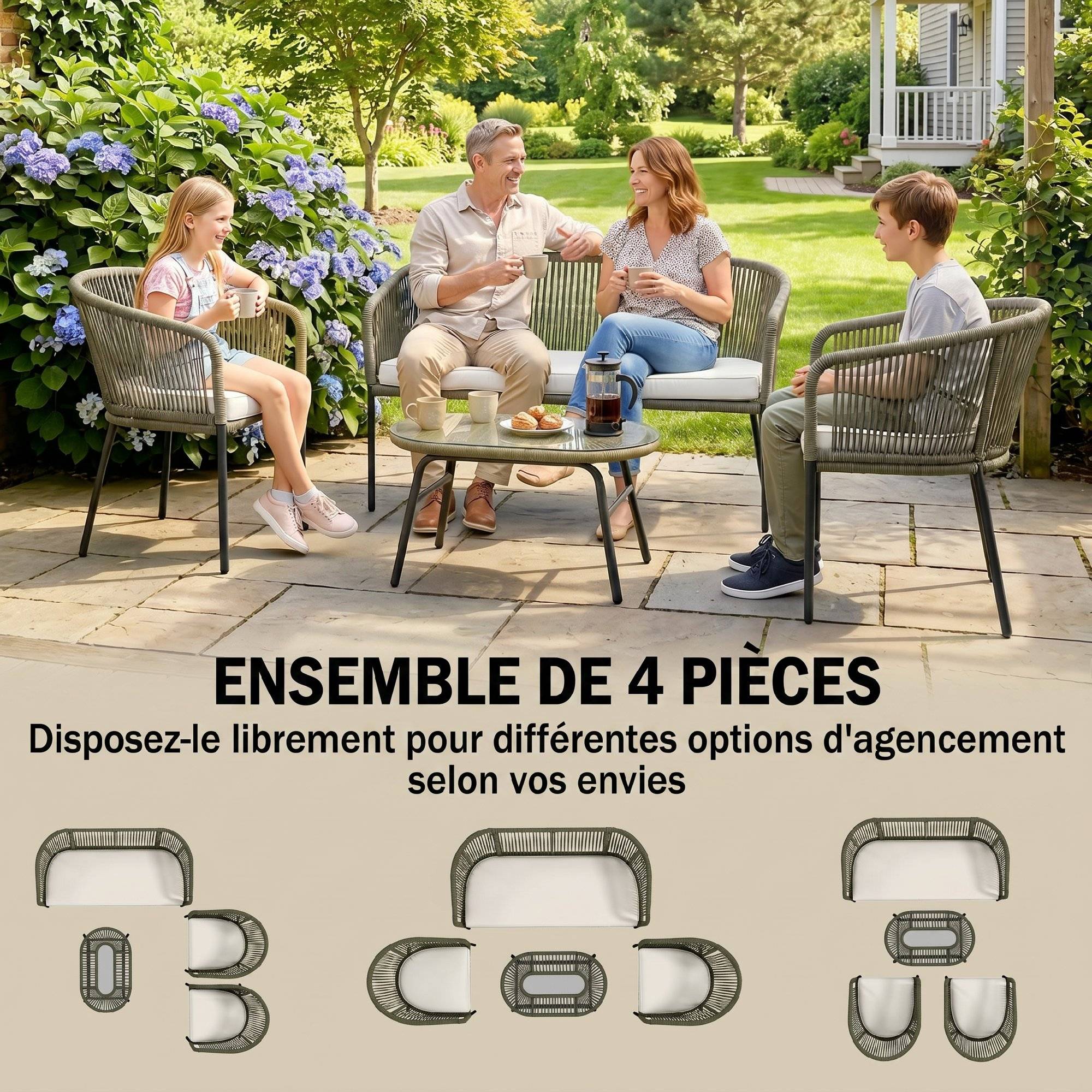 ComfortXL - Salon de Jardin 4 Places Corde Tressée Extérieur Canapé Table Verre Ovale Crème - ComfortXL Outdoor Living - Image 6
