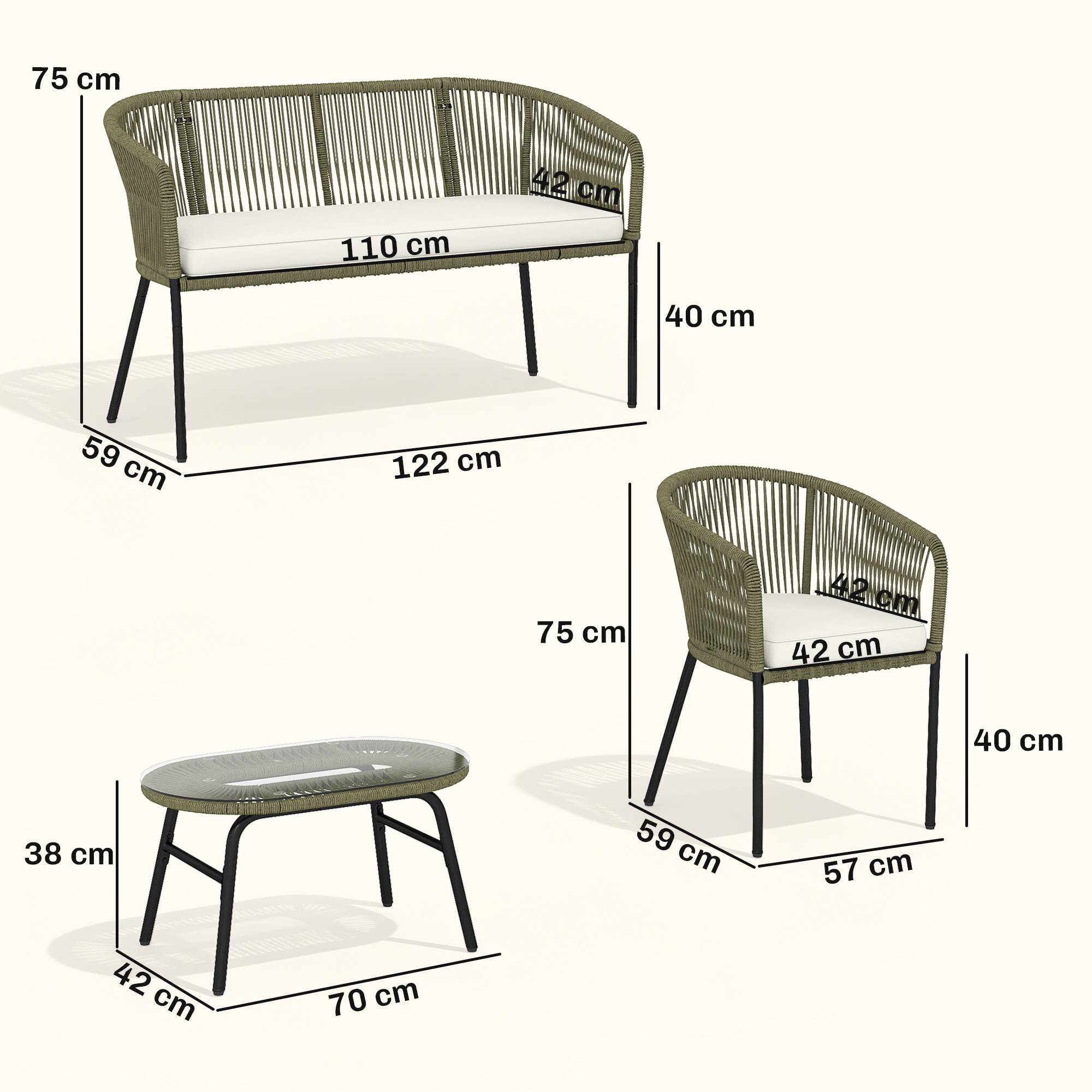 ComfortXL - Salon de Jardin 4 Places Corde Tressée Extérieur Canapé Table Verre Ovale Crème - ComfortXL Outdoor Living - Image 5