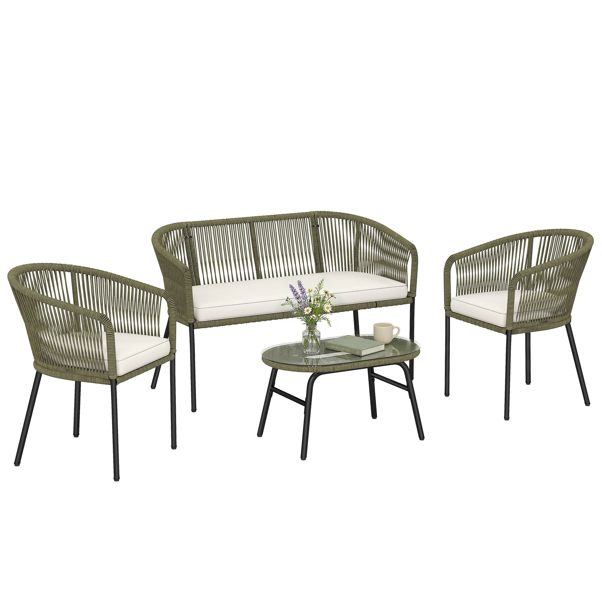 ComfortXL - Salon de Jardin 4 Places Corde Tressée Extérieur Canapé Table Verre Ovale Crème - ComfortXL Outdoor Living