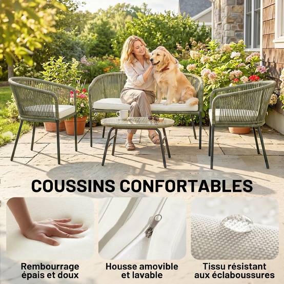 ComfortXL - Salon de Jardin 4 Places Corde Tressée Extérieur Canapé Table Verre Ovale Crème - ComfortXL Outdoor Living - Image 8
