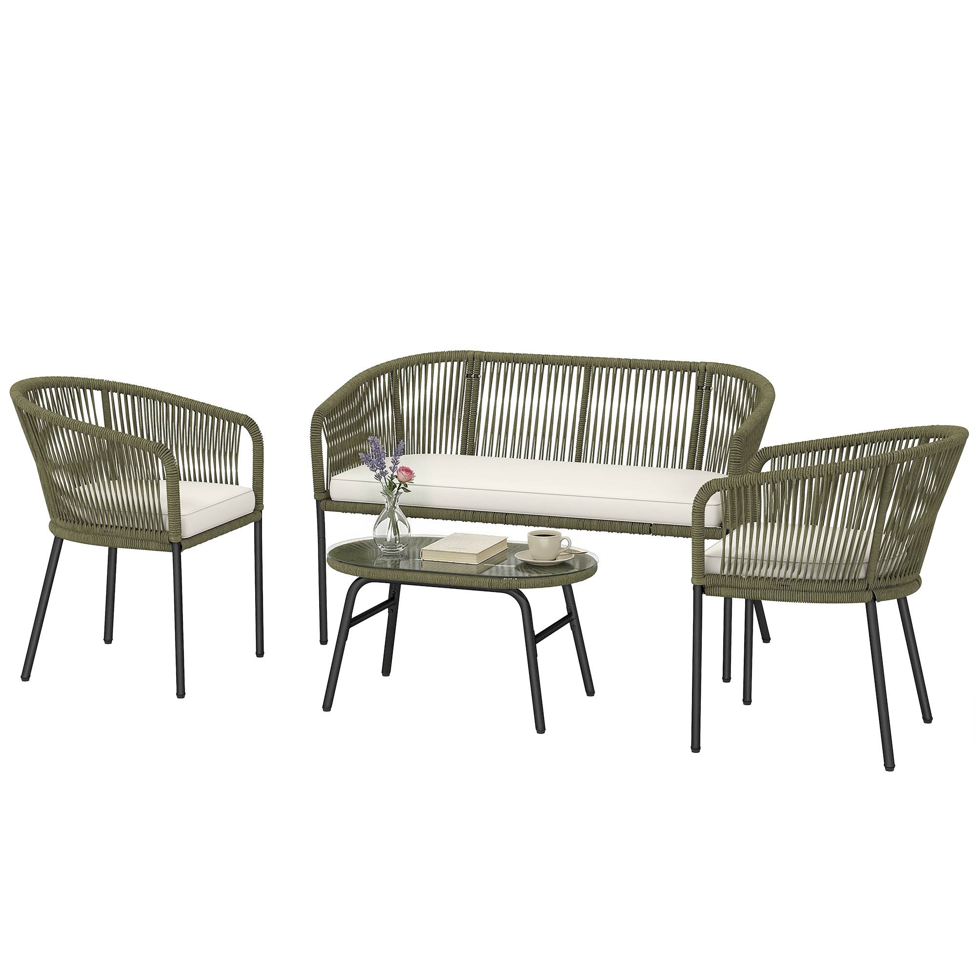 ComfortXL - Salon de Jardin 4 Places Corde Tressée Extérieur Canapé Table Verre Ovale Crème - ComfortXL Outdoor Living - Image 2