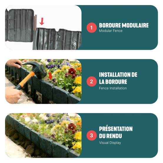 Vounot - Bordure de jardin imitation pierre 15m gris - Hauteur 23cm - Clôture gazon décorative en PP - Lot de 60 - VOUNOT® - Image 5