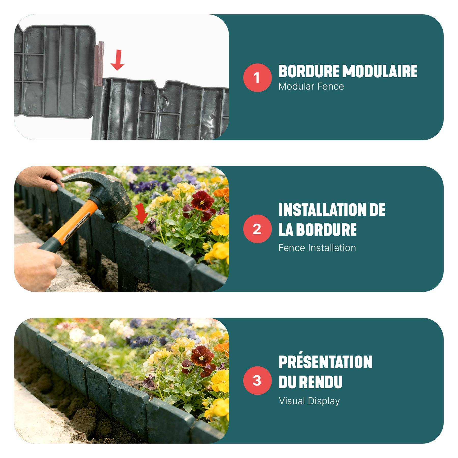 Vounot - Bordure de jardin imitation pierre 15m gris - Hauteur 23cm - Clôture gazon décorative en PP - Lot de 60 - VOUNOT® - Image 5