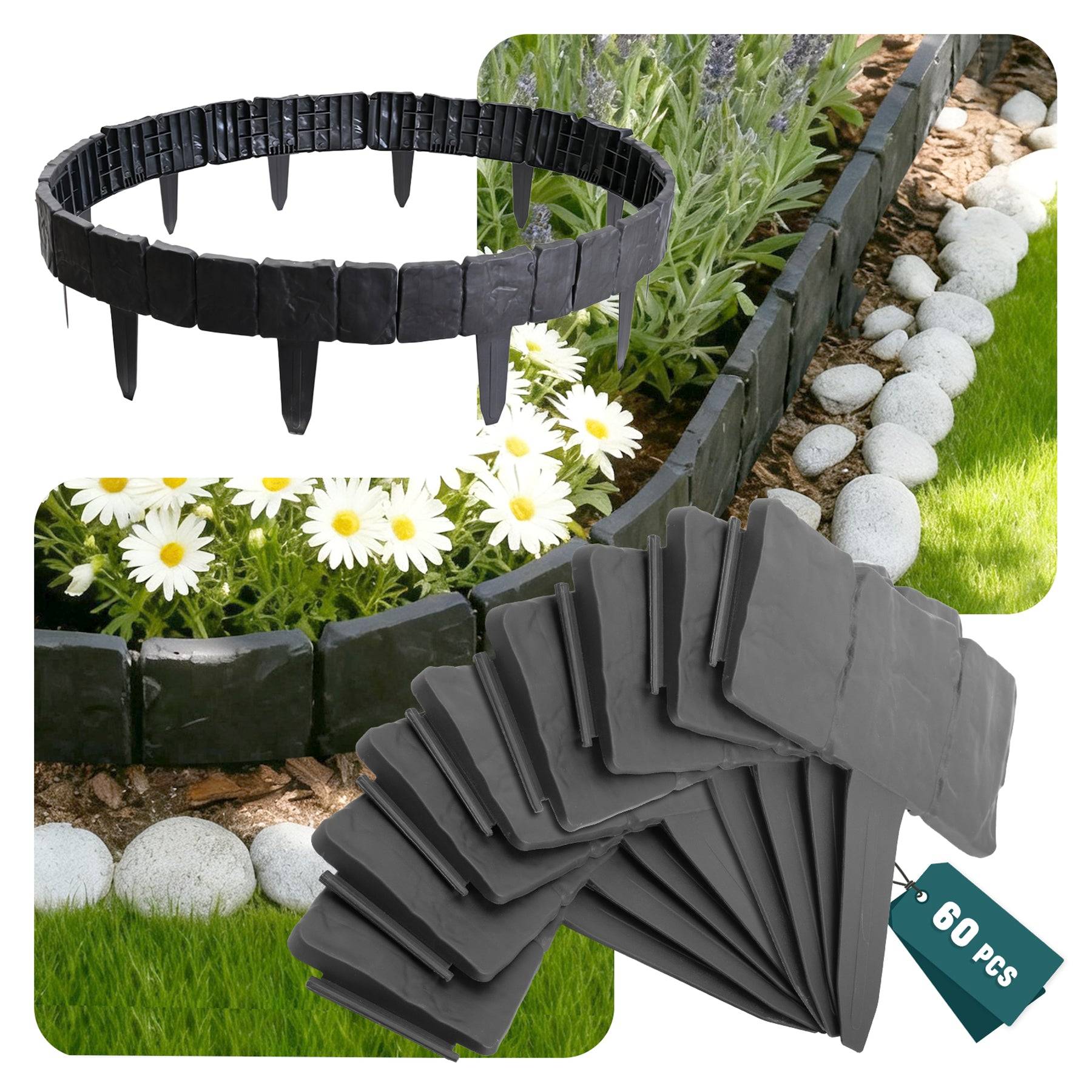 Vounot - Bordure de jardin imitation pierre 15m gris - Hauteur 23cm - Clôture gazon décorative en PP - Lot de 60 - VOUNOT® - Image 1