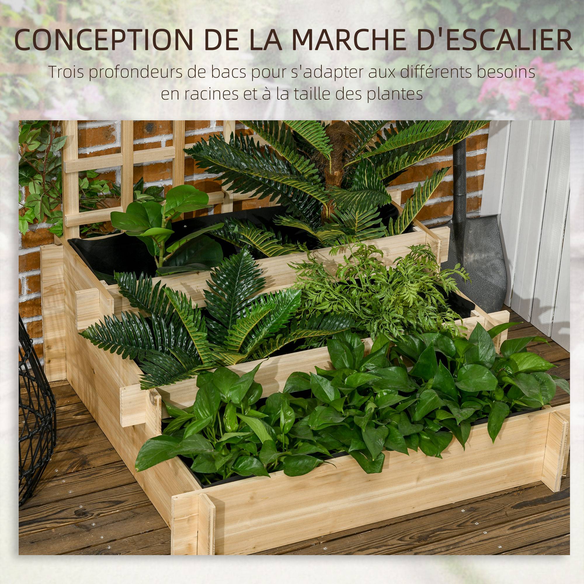 Carré potager jardinière à 3 étages avec treillis lit surélevé en bois pour plantes grimpantes légumes fleurs naturel - Image 7