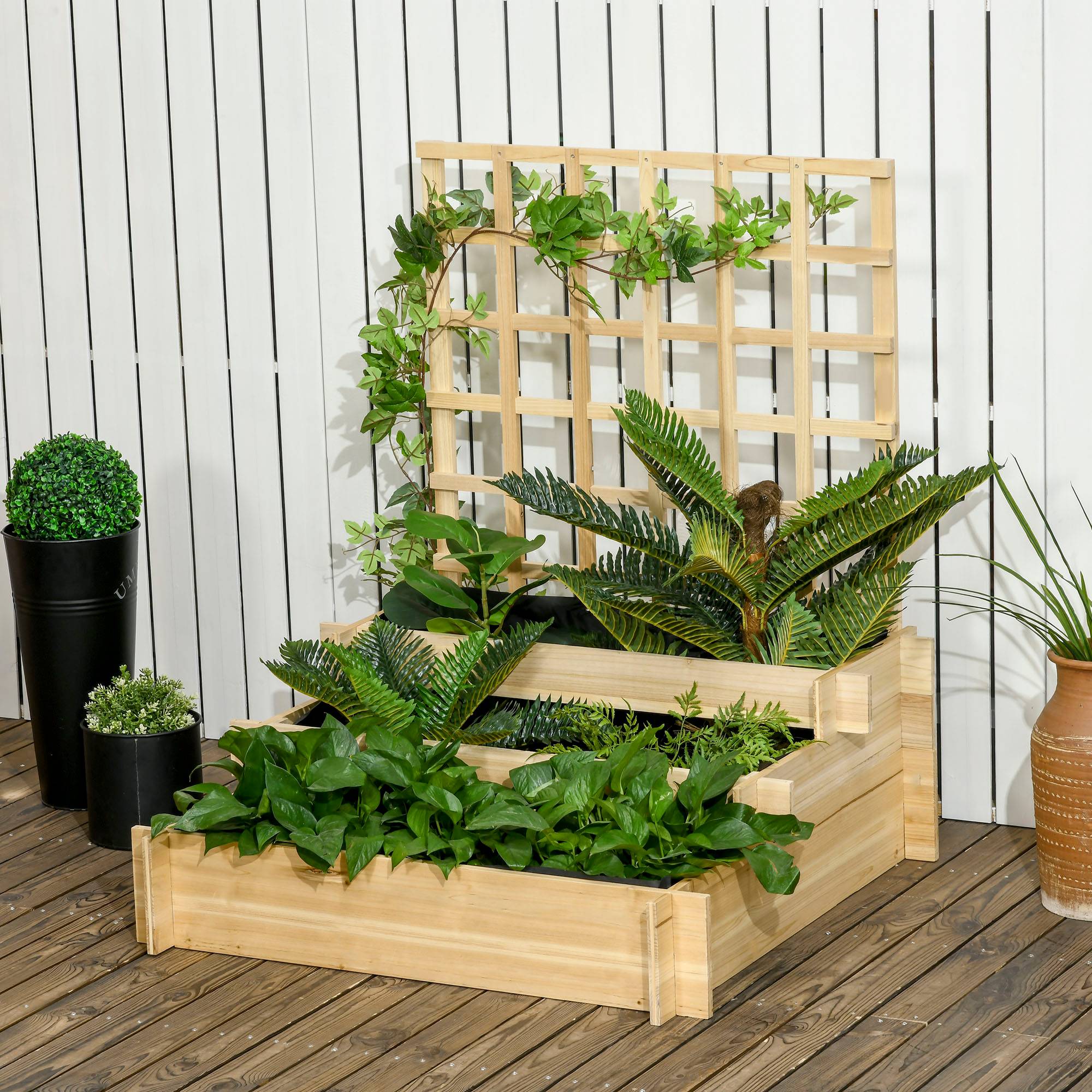 Carré potager jardinière à 3 étages avec treillis lit surélevé en bois pour plantes grimpantes légumes fleurs naturel - Image 4