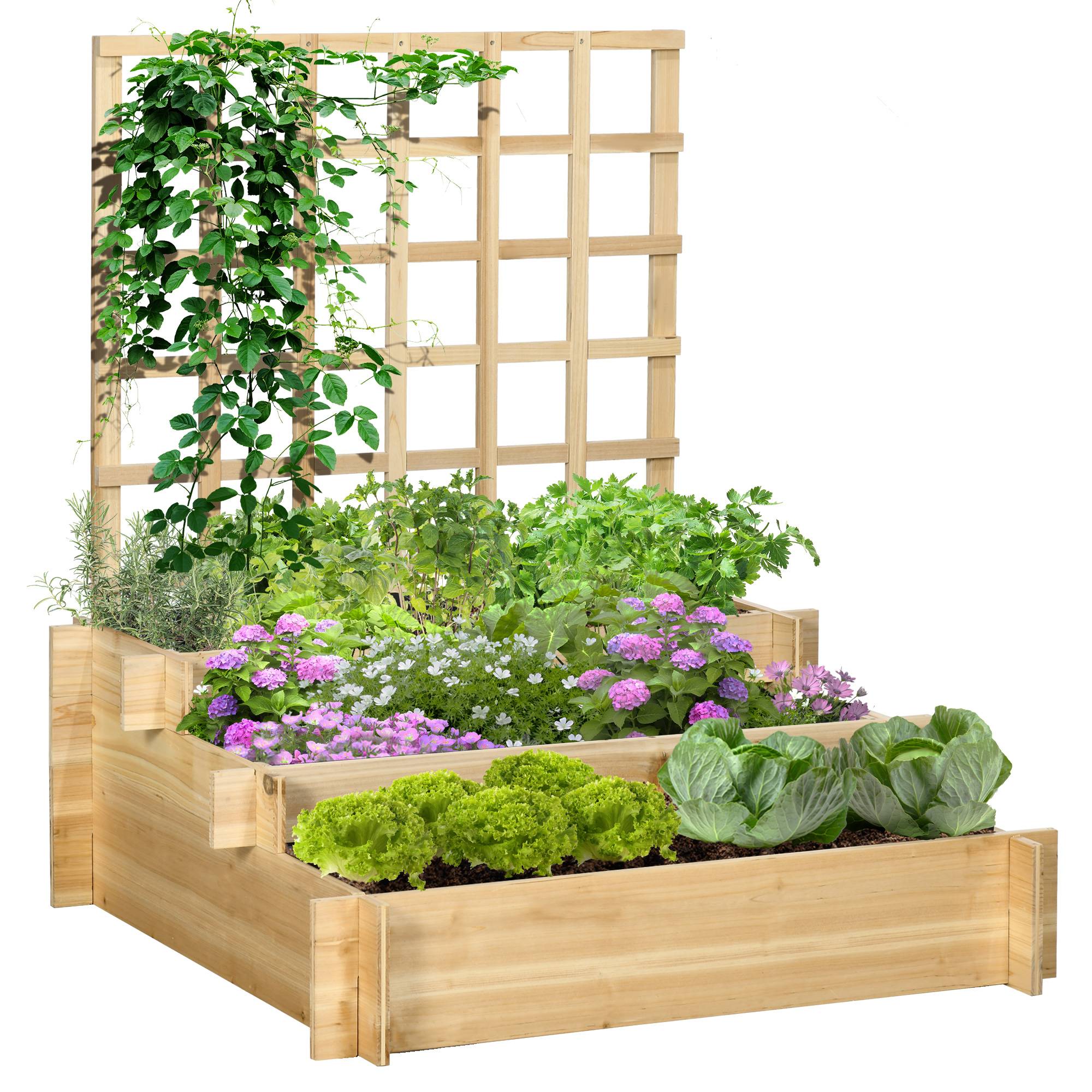 Carré potager jardinière à 3 étages avec treillis lit surélevé en bois pour plantes grimpantes légumes fleurs naturel - Image 1