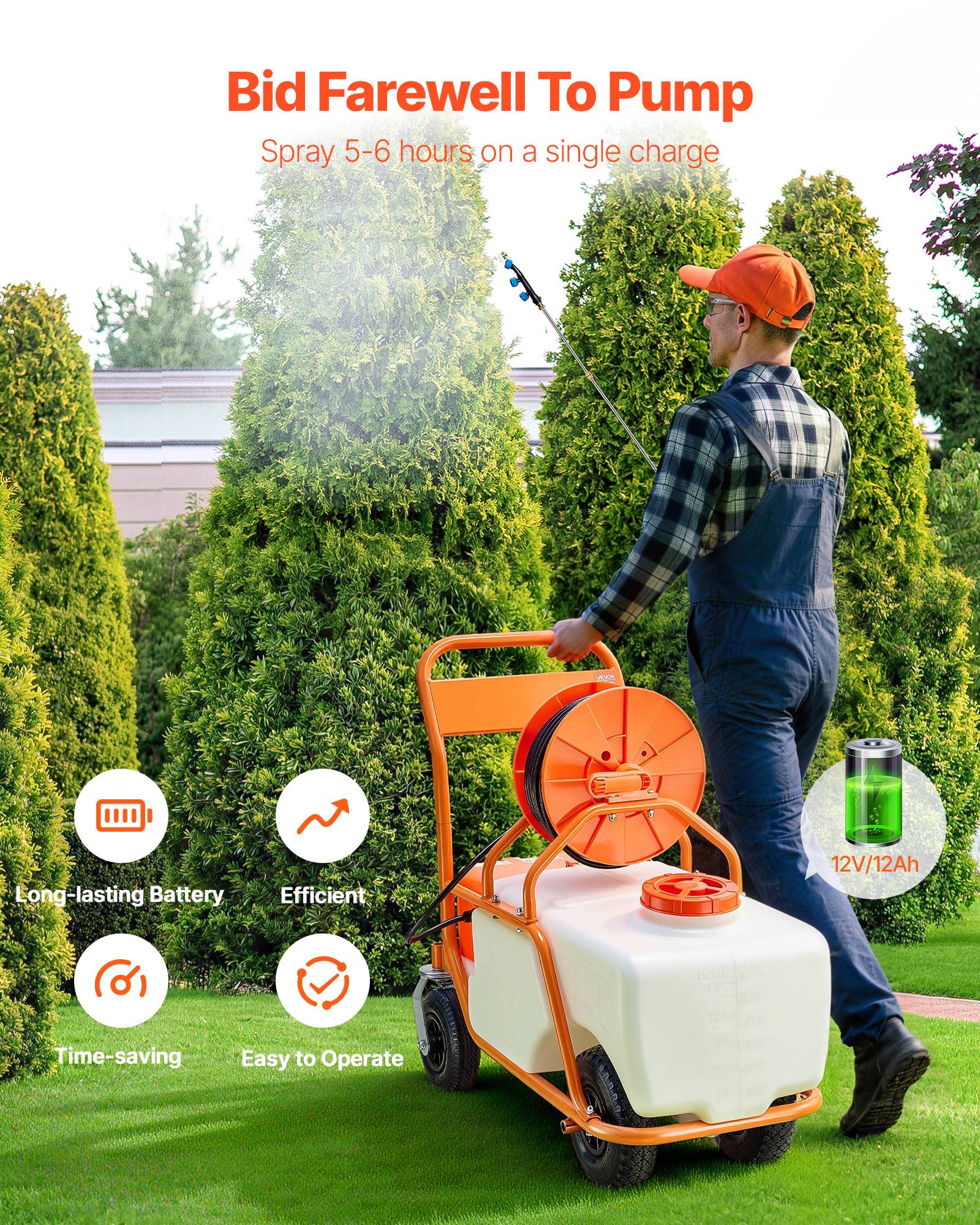 VEVOR Pulvérisateur sur roue 60L, pression 0-90 PSI, 8 buses, 2 baguettes, pour jardin et désherbage. - Image 3