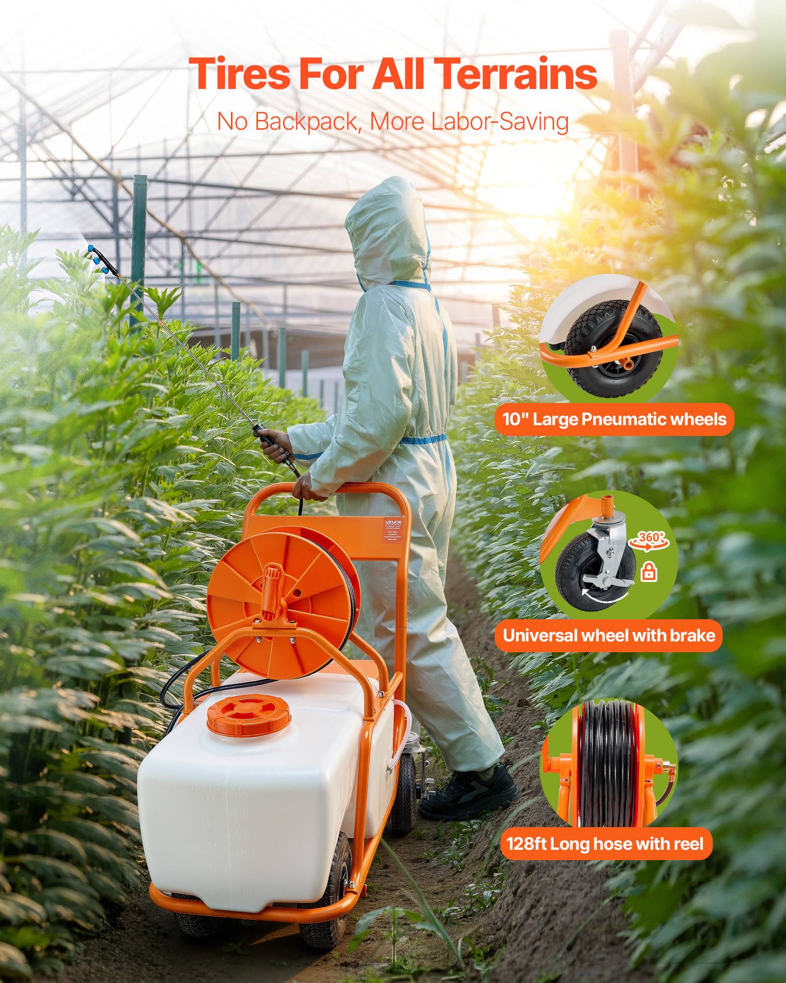 VEVOR Pulvérisateur sur roue 60L, pression 0-90 PSI, 8 buses, 2 baguettes, pour jardin et désherbage. - Image 5