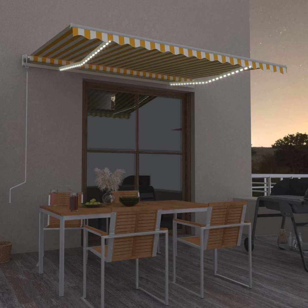Store banne motorisé aluminium pour terrasse capteur vent LED 400x350 Jaune et blanc - ComfortXL Outdoor Living - Image 1