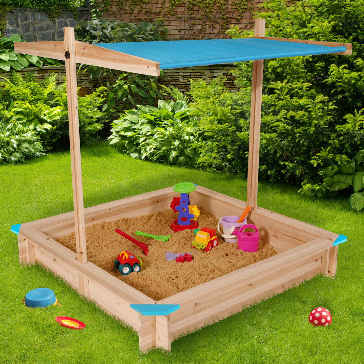 tectake Bac à sable, cabane de jardin enfant avec toit et véranda en