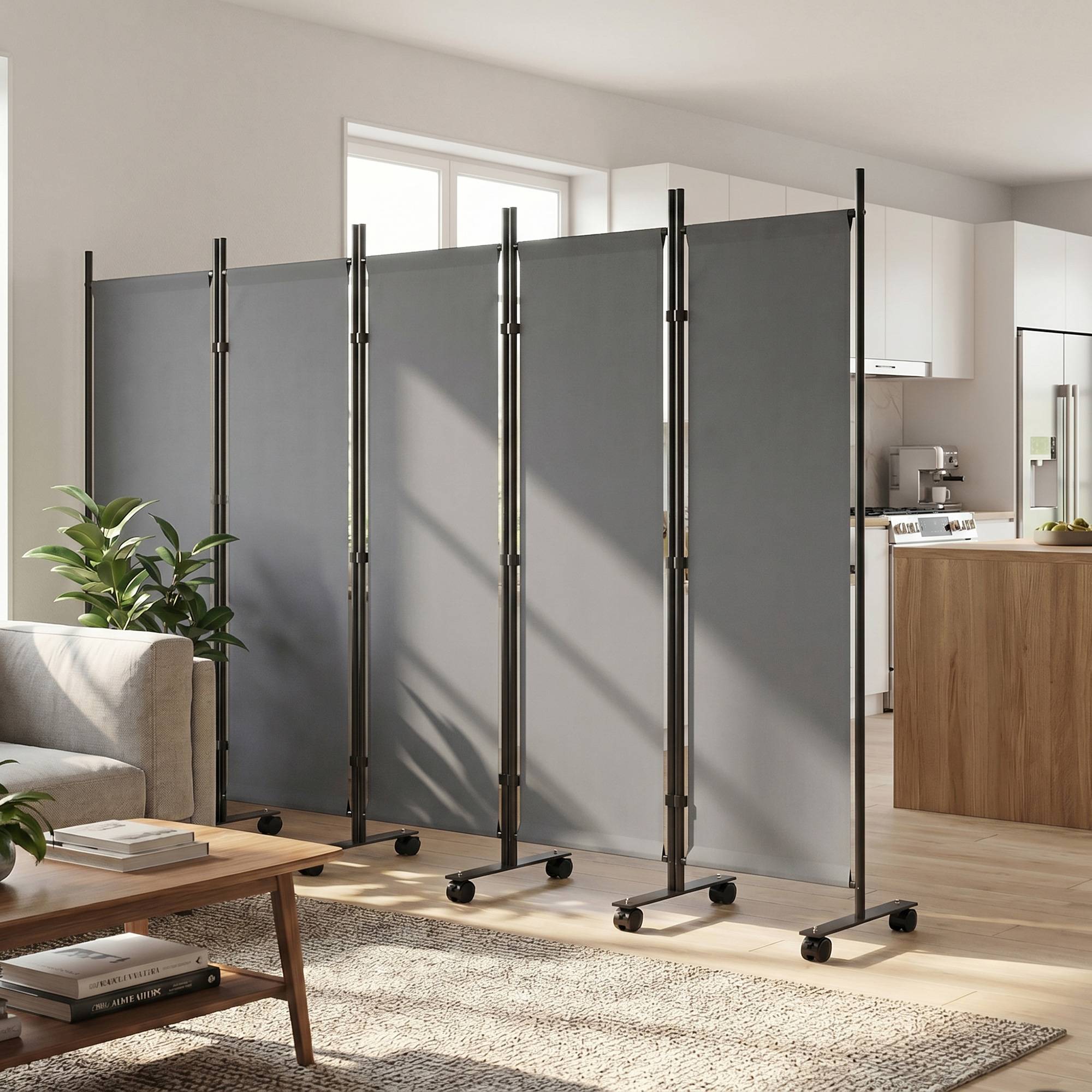 Paravent 5 Panneaux 252x170cm, Paravent Pliant avec 12 Roulettes et Clips de Connexion, Acier et Polyester, Gris Foncé - Image 10