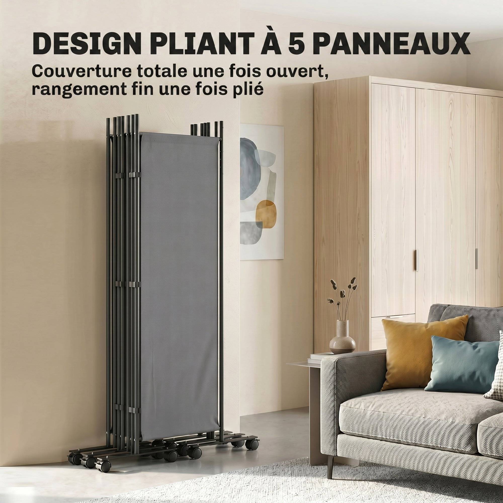 Paravent 5 Panneaux 252x170cm, Paravent Pliant avec 12 Roulettes et Clips de Connexion, Acier et Polyester, Gris Foncé - Image 7