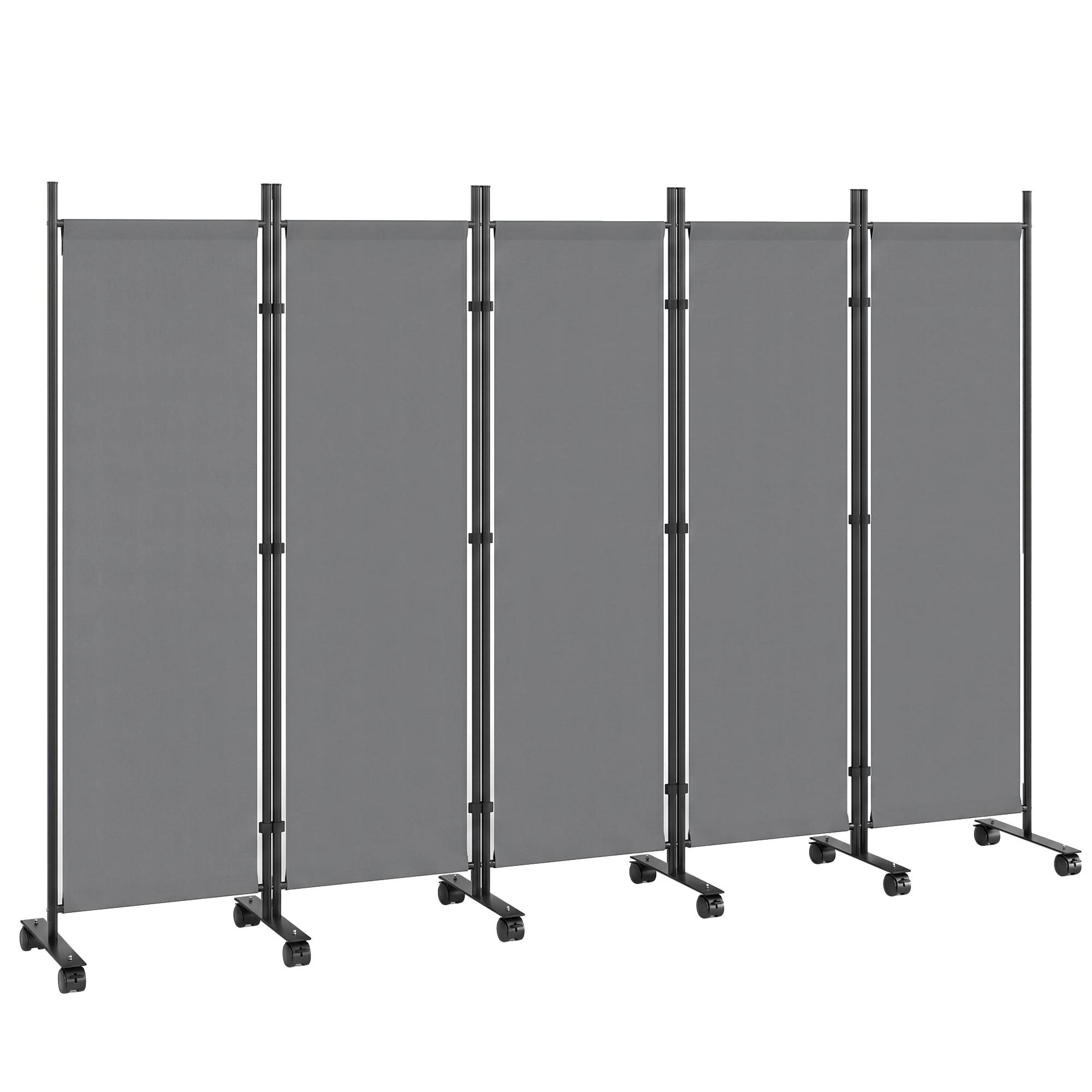 Paravent 5 Panneaux 252x170cm, Paravent Pliant avec 12 Roulettes et Clips de Connexion, Acier et Polyester, Gris Foncé - Image 1