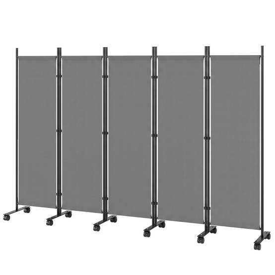Paravent 5 Panneaux 252x170cm, Paravent Pliant avec 12 Roulettes et Clips de Connexion, Acier et Polyester, Gris Foncé - Image 2