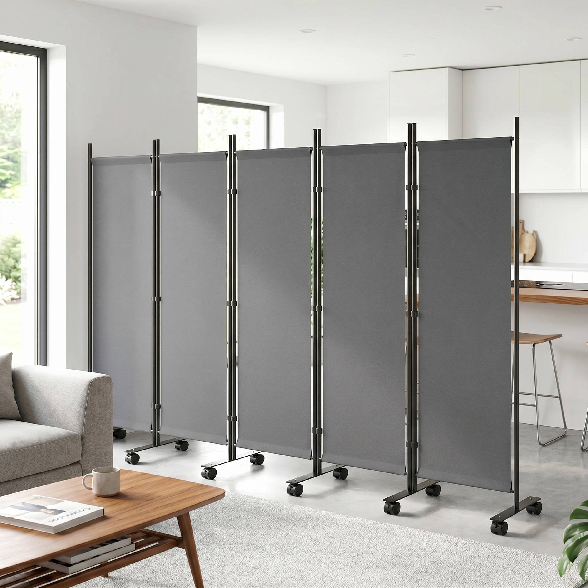 Paravent 5 Panneaux 252x170cm, Paravent Pliant avec 12 Roulettes et Clips de Connexion, Acier et Polyester, Gris Foncé - Image 4