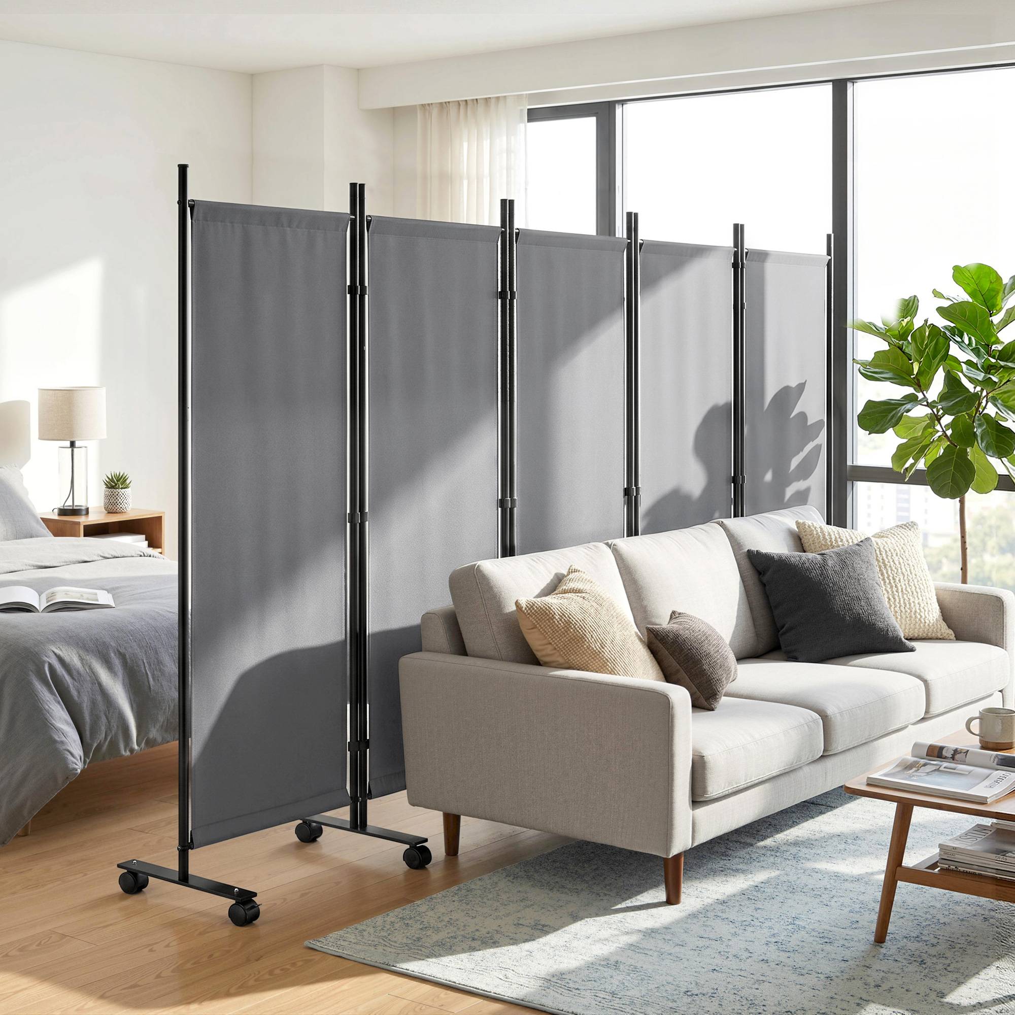 Paravent 5 Panneaux 252x170cm, Paravent Pliant avec 12 Roulettes et Clips de Connexion, Acier et Polyester, Gris Foncé - Image 3
