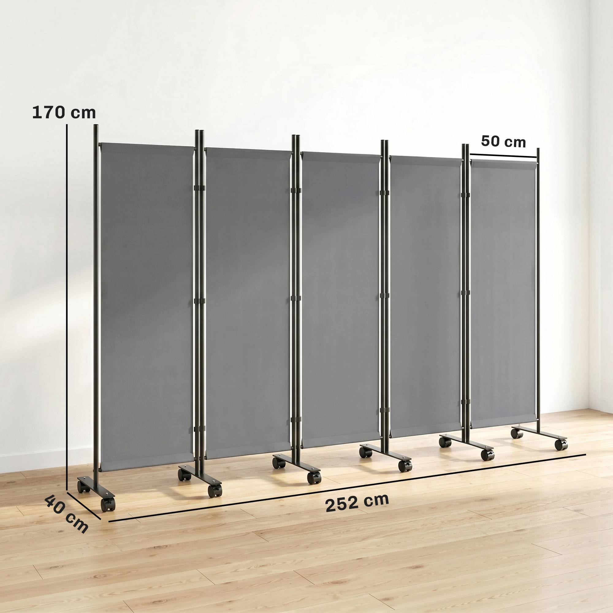Paravent 5 Panneaux 252x170cm, Paravent Pliant avec 12 Roulettes et Clips de Connexion, Acier et Polyester, Gris Foncé - Image 5