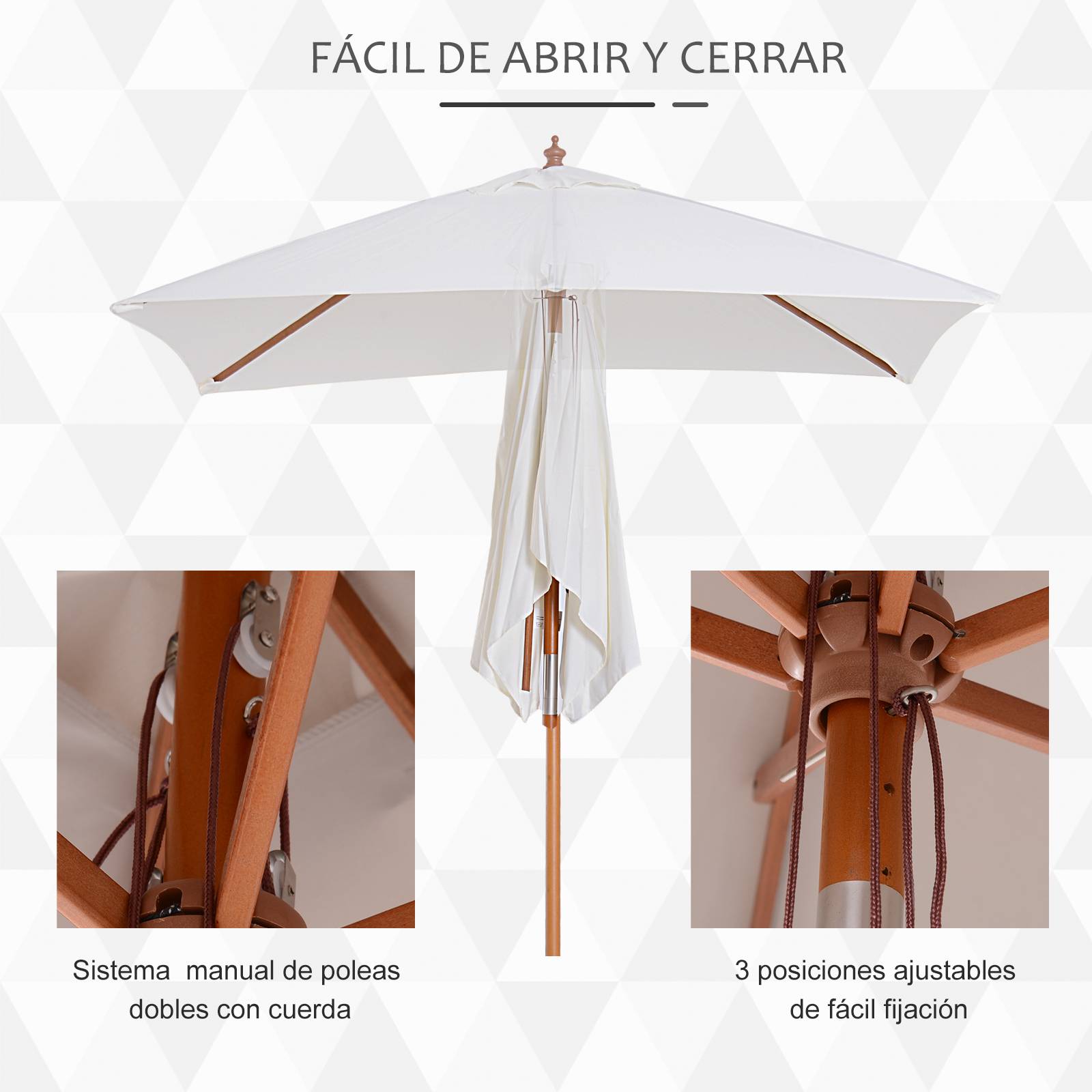 ComfortXL - Parasol de Jardin Rectangulaire Mât Bois Inclinable à Poulie 200x150 cm Crème - ComfortXL Outdoor Living - Image 7