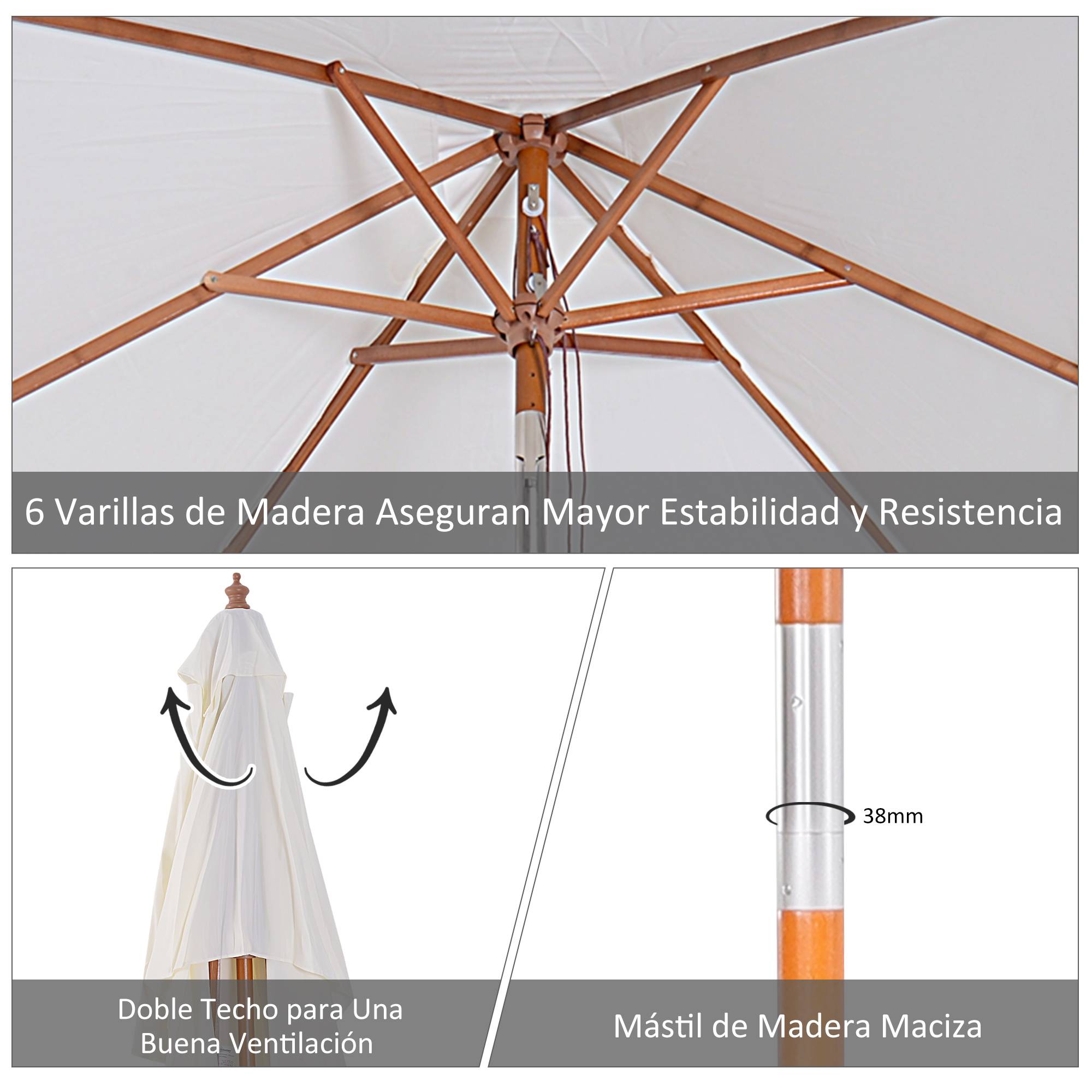 ComfortXL - Parasol de Jardin Rectangulaire Mât Bois Inclinable à Poulie 200x150 cm Crème - ComfortXL Outdoor Living - Image 8