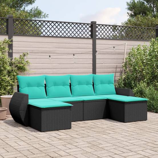 Salon de Jardin Bas 6 Places Résine Tressée Modulable avec Coussins Bleus Confortables Noir 6 Pièces – ComfortXL Outdoor Living - Image 1