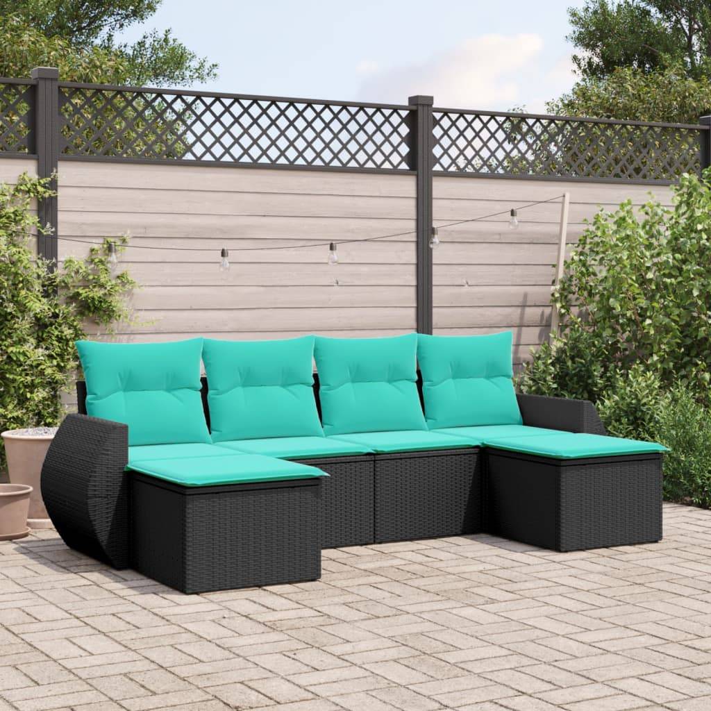 Salon de Jardin Bas 6 Places Résine Tressée Modulable avec Coussins Bleus Confortables Noir 6 Pièces – ComfortXL Outdoor Living - Image 1