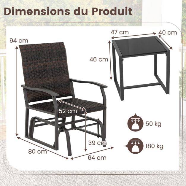 Helloshop26 - Meubles 3 pièces de patio coulissants charge 180 kg salon de jardin 2 fauteuils en rotin avec mousse à séchage rapide en verre trempé marron - Imagen 6
