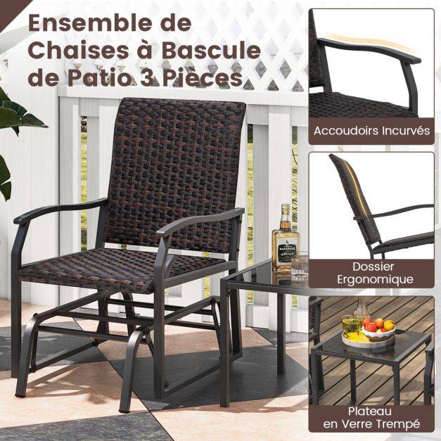 Helloshop26 - Meubles 3 pièces de patio coulissants charge 180 kg salon de jardin 2 fauteuils en rotin avec mousse à séchage rapide en verre trempé marron - Imagen 4
