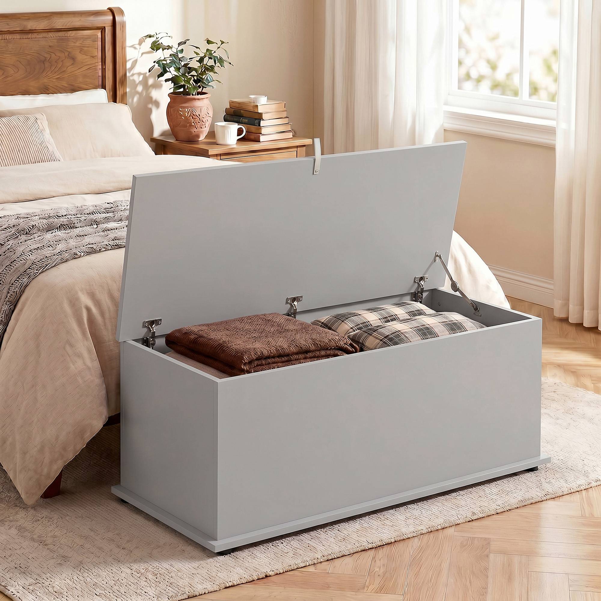 Coffre de rangement, banc de rangement avec couvercle rabattable et charnières de sécurité, 100 x 40 x 40 cm, gris - Image 3