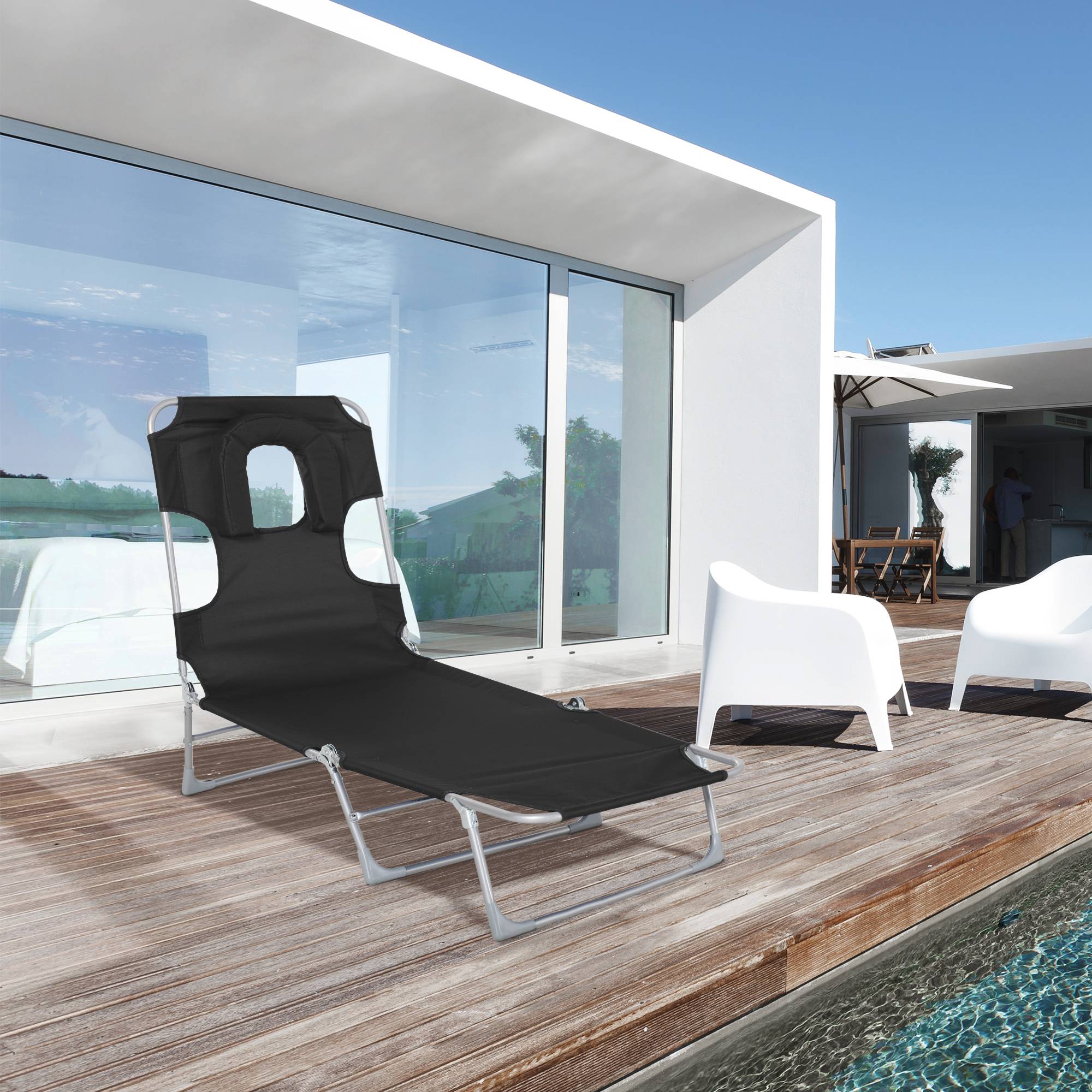 Outsunny - Bain de soleil pliable inclinable 4 positions - espace visage rembourré - acier oxford noir - Outsunny - Imagen 2