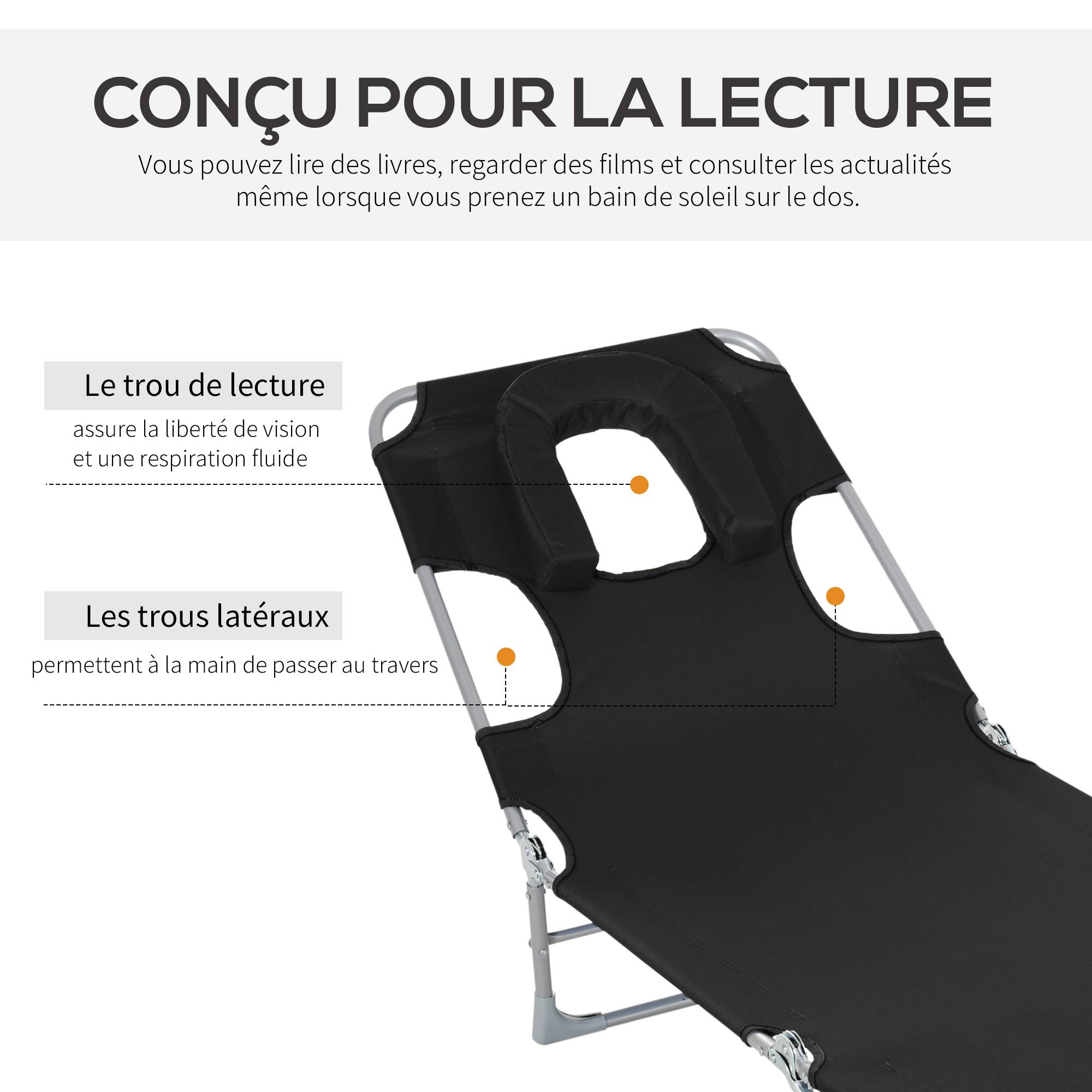 Outsunny - Bain de soleil pliable inclinable 4 positions - espace visage rembourré - acier oxford noir - Outsunny - Imagen 4