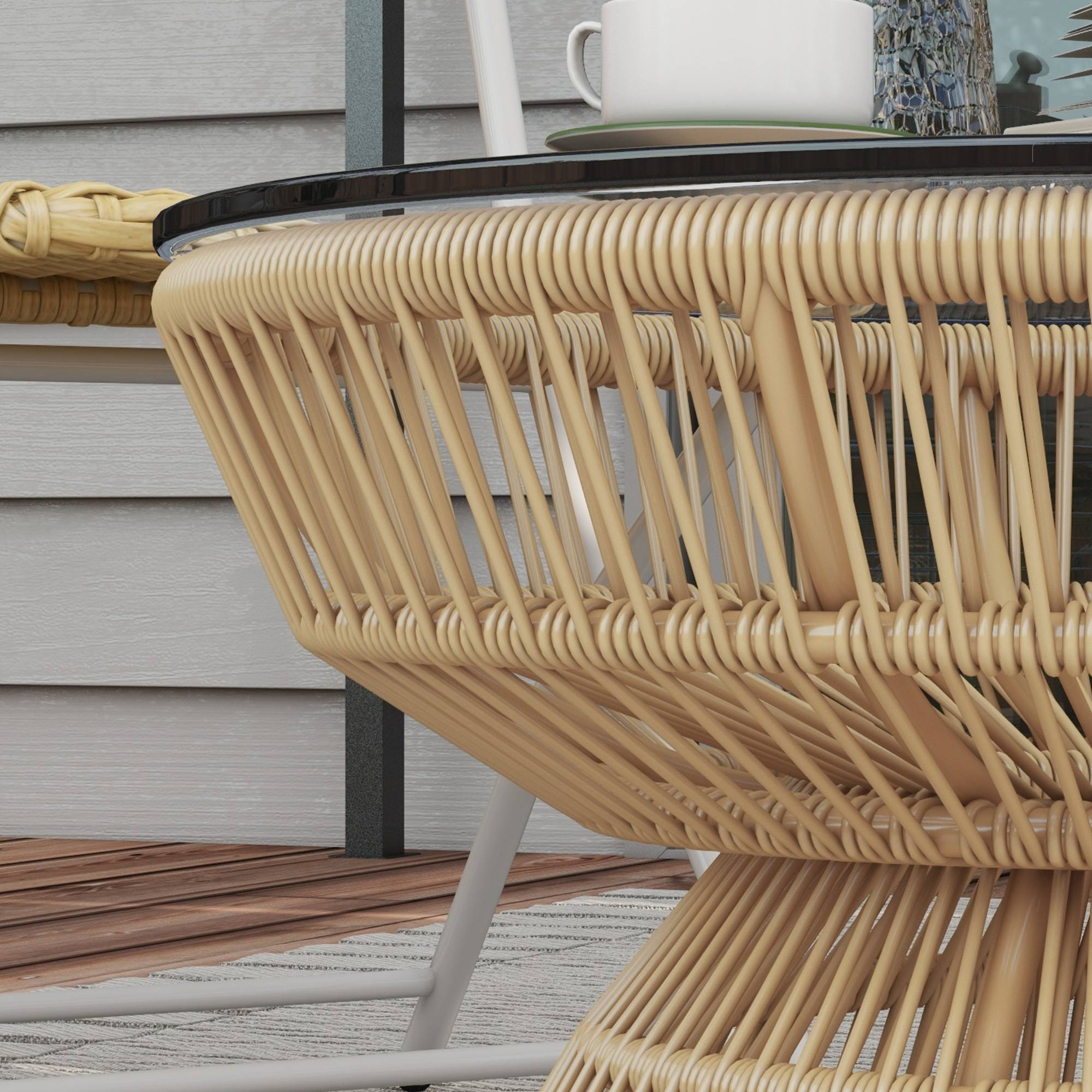 Outsunny - Table basse ronde de jardin d'appoint Ø60x37 cm résine aspect rotin et plateau verre trempé naturel - Outsunny - Image 4