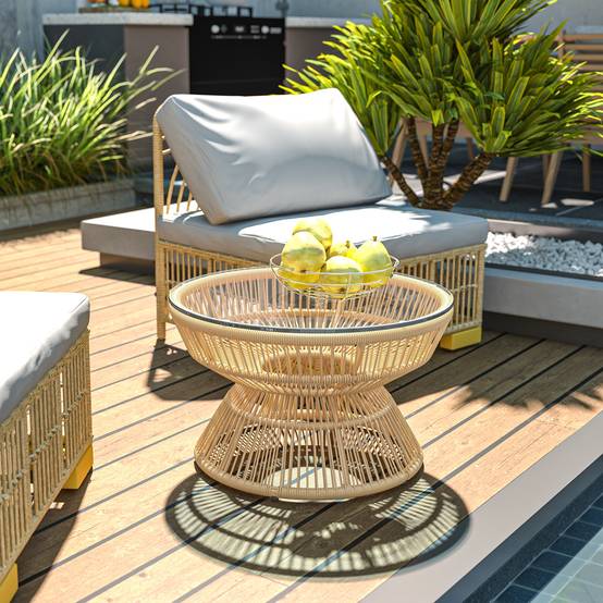 Outsunny - Table basse ronde de jardin d'appoint Ø60x37 cm résine aspect rotin et plateau verre trempé naturel - Outsunny - Image 2