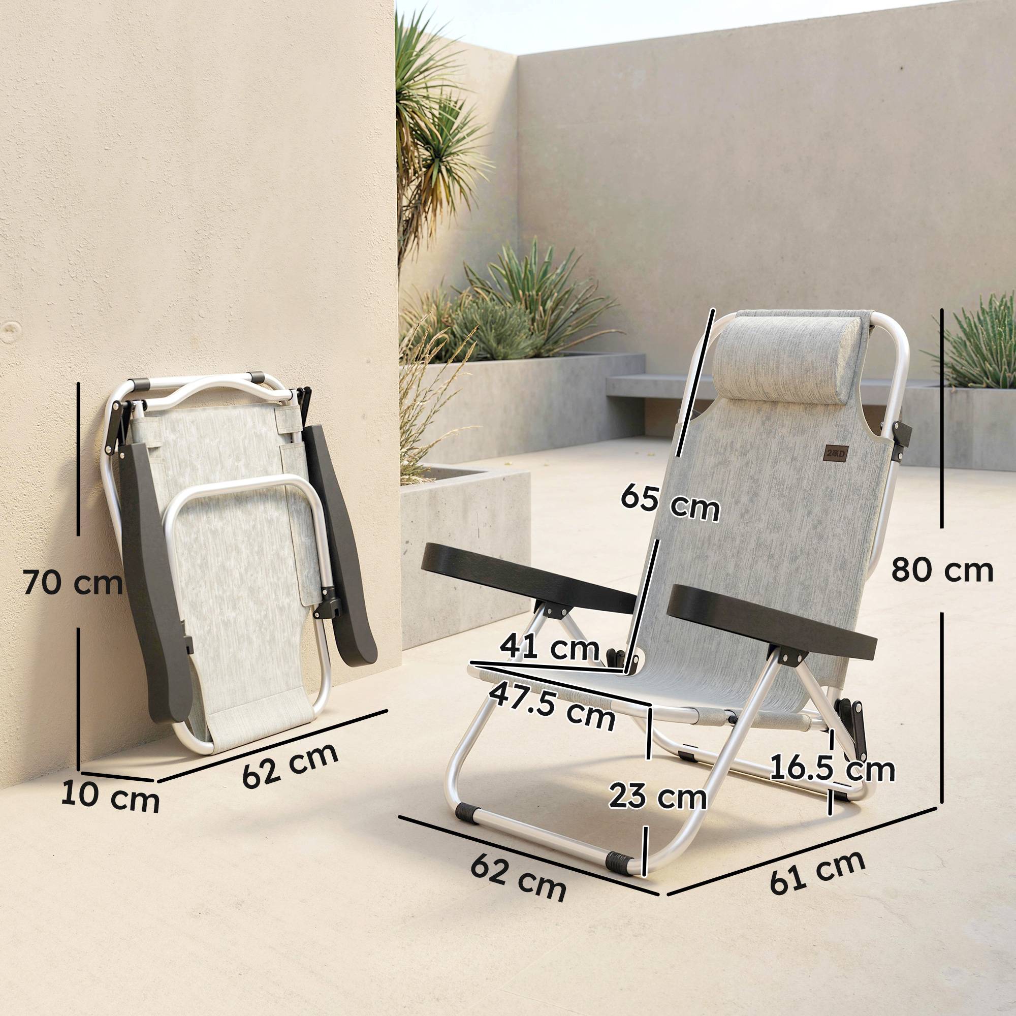 Lot de 2 transats pliables inclinables 4 positions avec appui-tête, aluminium, 62x61x80 cm, gris - Image 5
