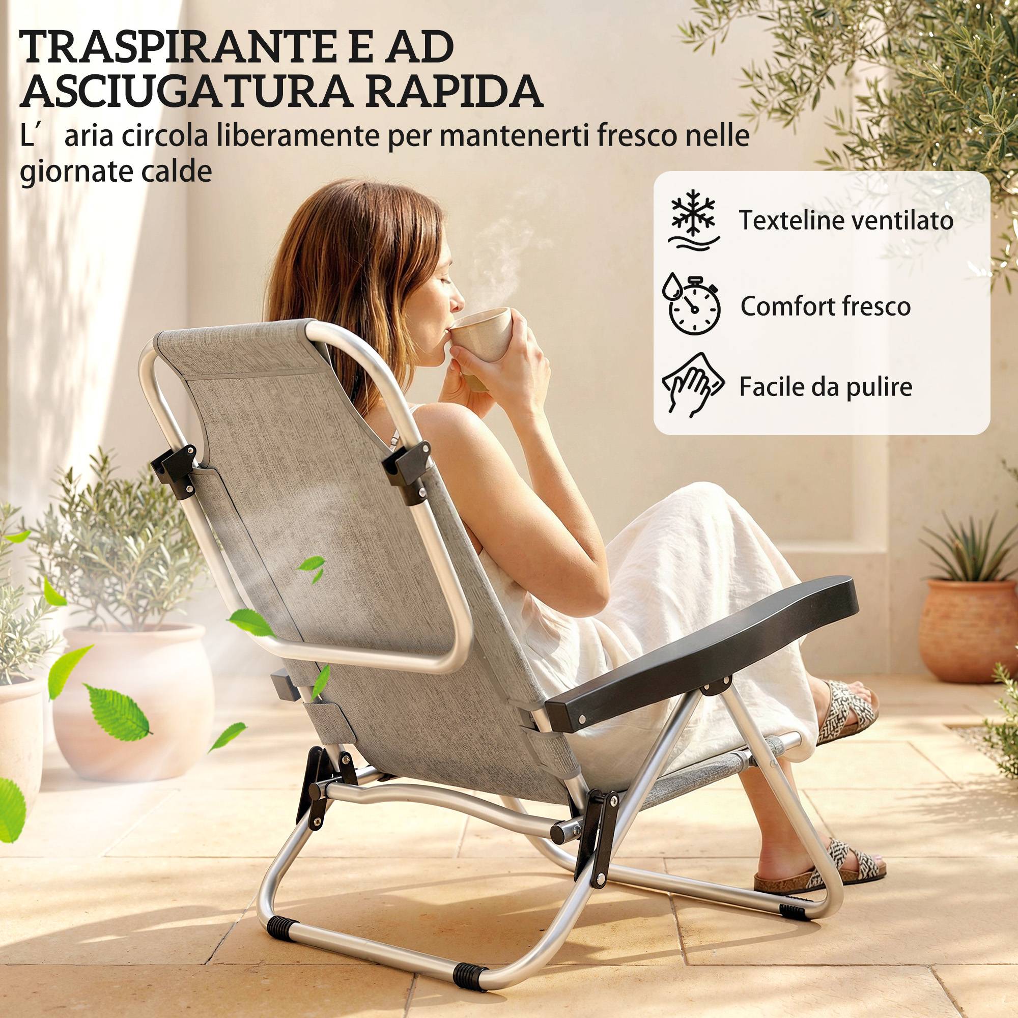 Lot de 2 transats pliables inclinables 4 positions avec appui-tête, aluminium, 62x61x80 cm, gris - Image 10