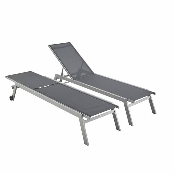 Lot de 2 bains de soleil ELSA en aluminium gris et textilène gris foncé. transats multi positions avec roulettes | sweeek - Image 2