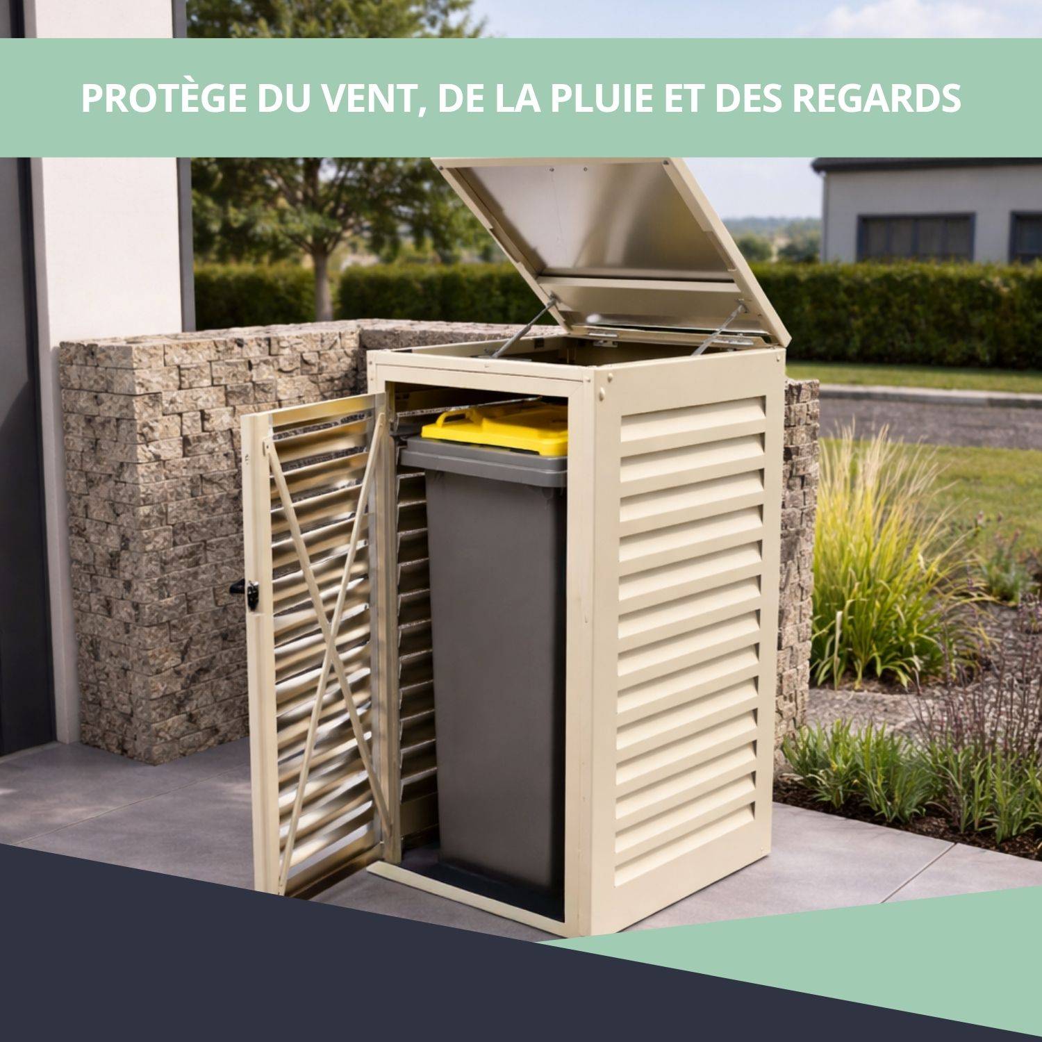 Cache Poubelle Extérieur Simple en Aluminium thermolaqué - Abri pour 1 conteneur 360 Litres – Crème RAL 1015 - Image 4