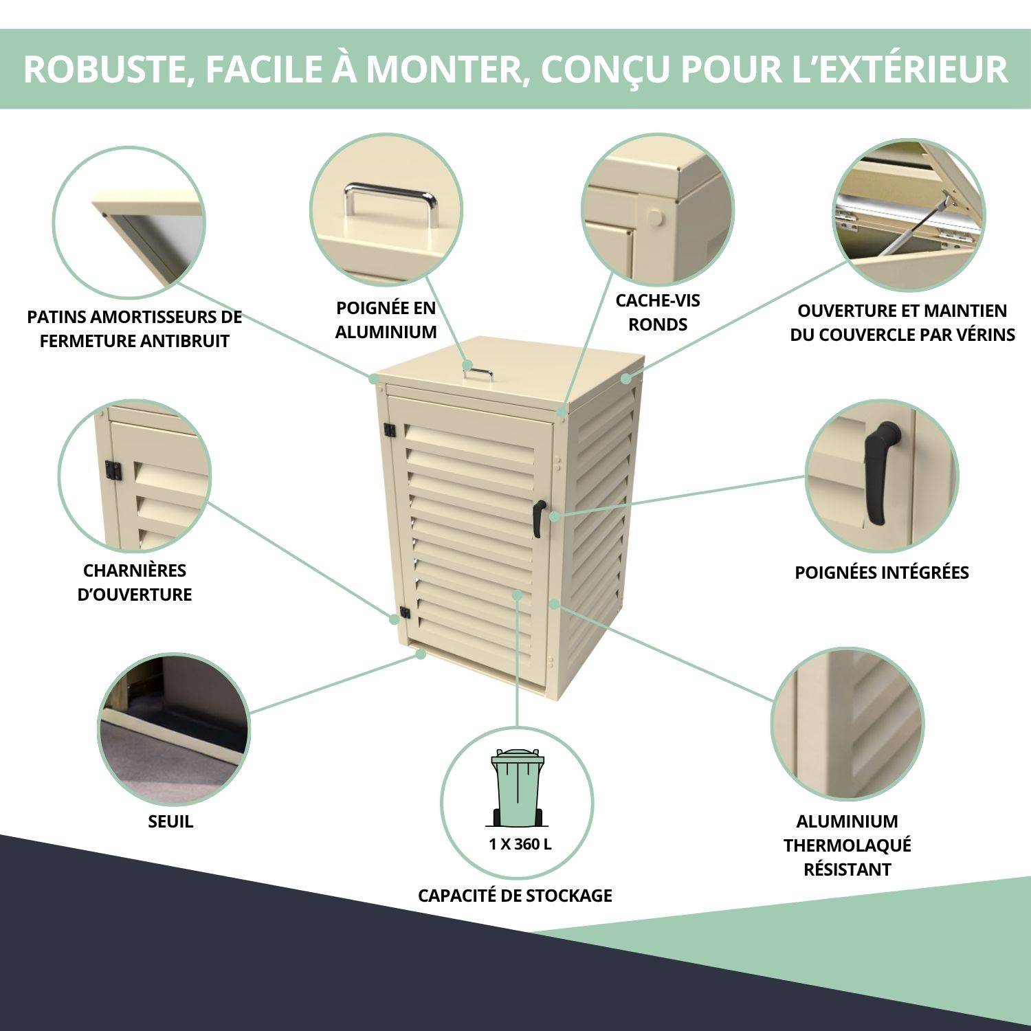 Cache Poubelle Extérieur Simple en Aluminium thermolaqué - Abri pour 1 conteneur 360 Litres – Crème RAL 1015 - Image 5
