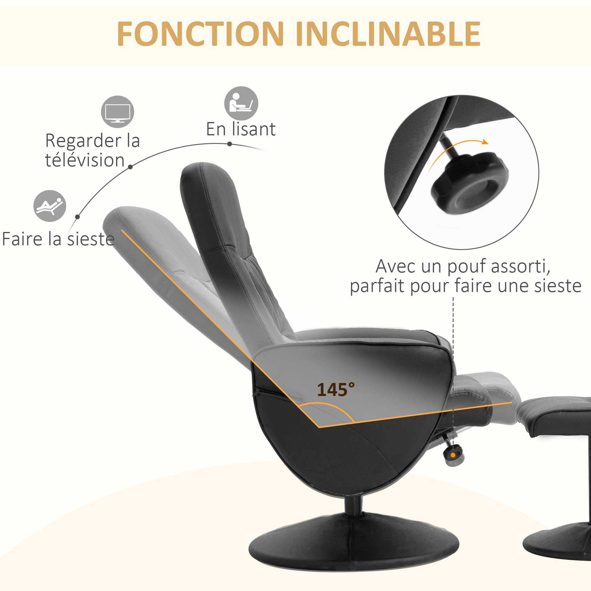 Sans Marque - Fauteuil relax avec repose-pied fauteuil de relaxation relaxant pivotant 360° et dossier inclinable pour TV - Image 6