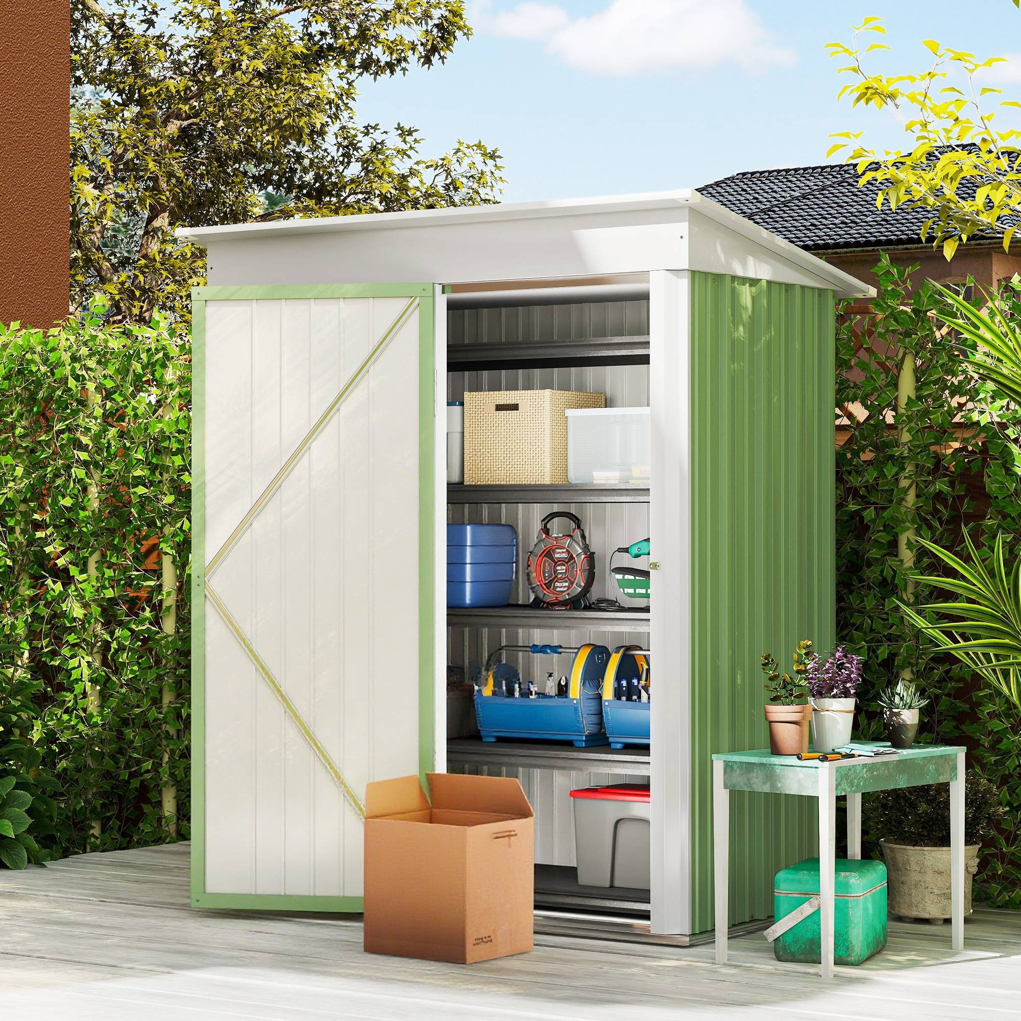 Armoire de jardin en acier avec porte verrouillable et étagères 161x95x181 cm vert - ComfortXL Outdoor Living - Image 3